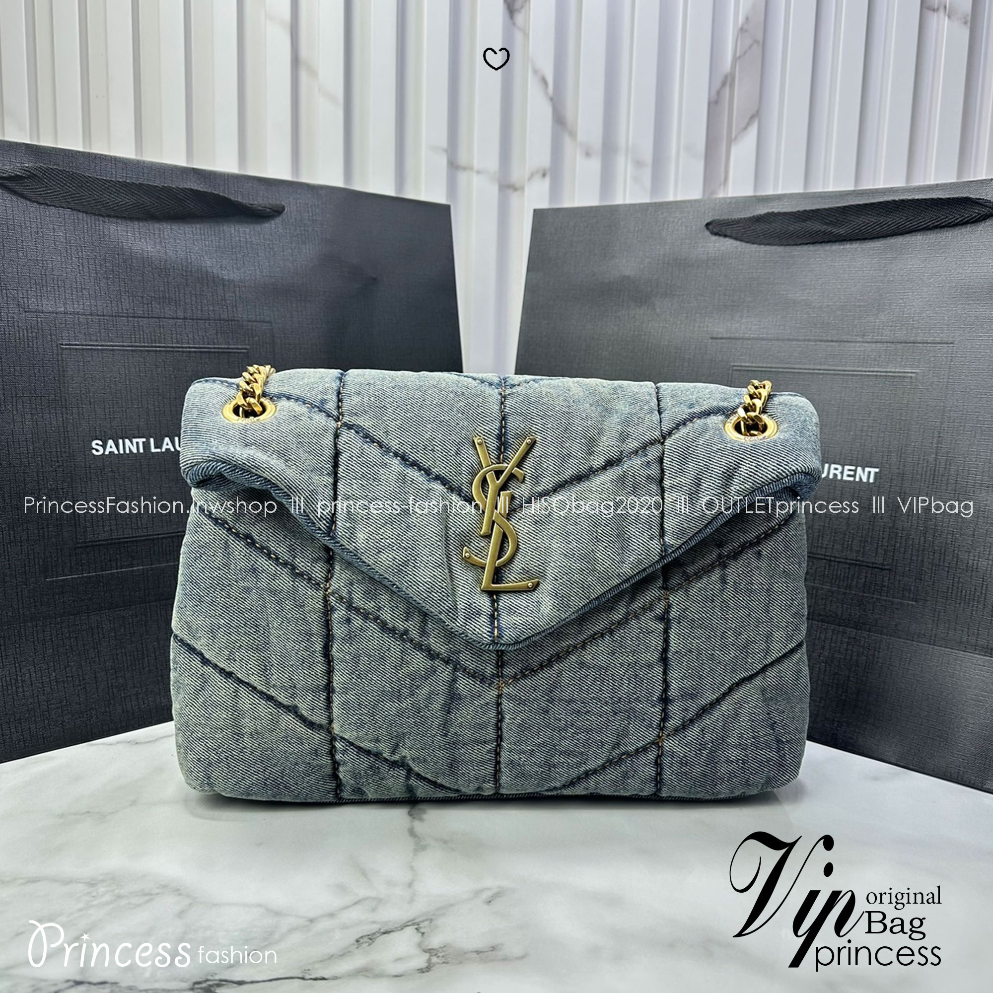 YSL Puffer denim shoulder bag กระเป๋าสะพายเดนิมฟอก สวยเท่ห์คลาสสิกลายเชฟล่อนเป็นเอกลักษณ์ ENVELOPE FLAP BAG WITH SOFT CHEVRON 🧡เกรดออริ ใช้งานต่างประเทศได้