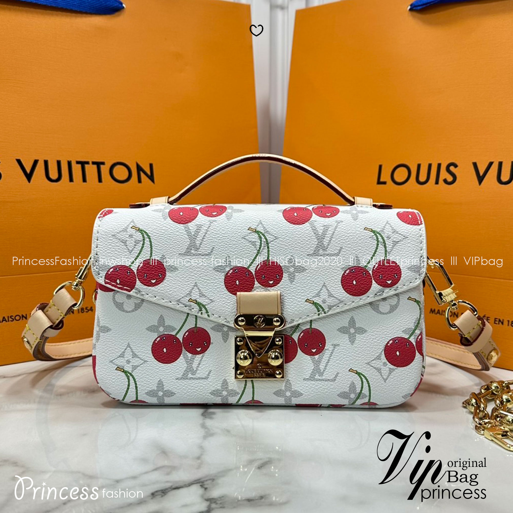 ORI หนังแท้ | LV x TM Pochette Métis East West Monogram cherry canvas กระเป๋าสะพาย ดีไซน์ใหม่โทนสีขาวในเฉดสีฤดูร้อนซึ่งตัดกับลวดลายเชอร์รี่สดใสที่ได้รับแรงบันดาลใจจากศิลปินชาวญี่ปุ่นได้อย่างสง่างาม
