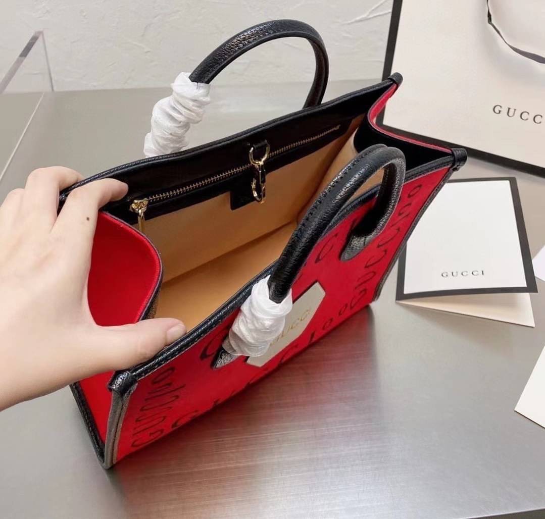 VIP 】Gucci 100 small tote bag Hibiscus red felt with Gucc100 print Black leather พร้อมส่งที่ไทย