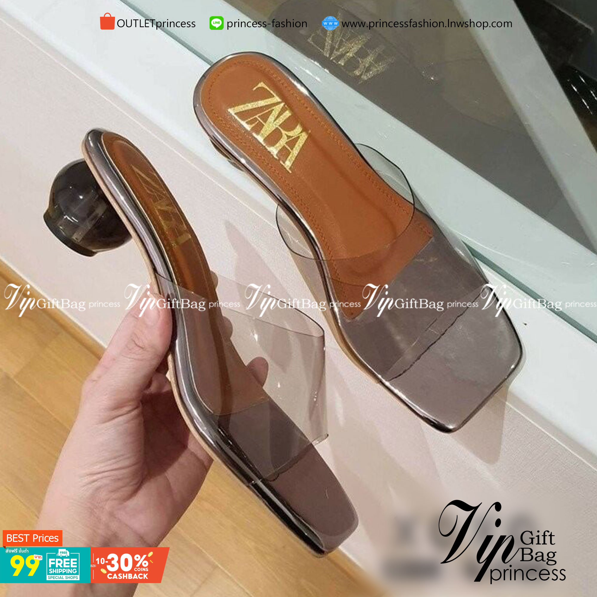 ZARA รองเท้า คัชชูงานสวม คาดพลาสติกใสอย่างดีเนื้อนุ่ม พื้นวัสดุหนัง PU ส้นแก้วสีใส งารจริงสวยมากคะ แมทส์ชุดง่าย น้ำหนักเบา