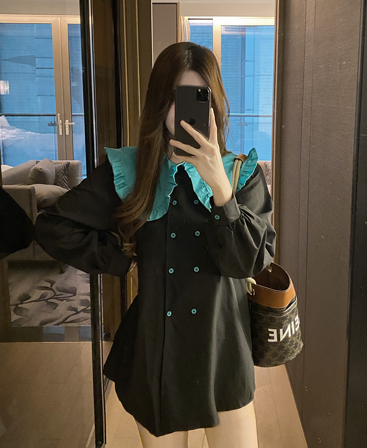 พร้อมส่ง 📒🏀 Winta dress เดรสแขนยาวตัวสั้นสีดำแต่งปกระบายสีฟ้า (36490)