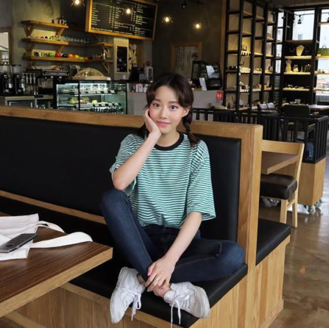 พร้อมส่ง 🦕 Green tops เสื้อยืดแขนสั้นลายทางสีเขียว (IN32345)