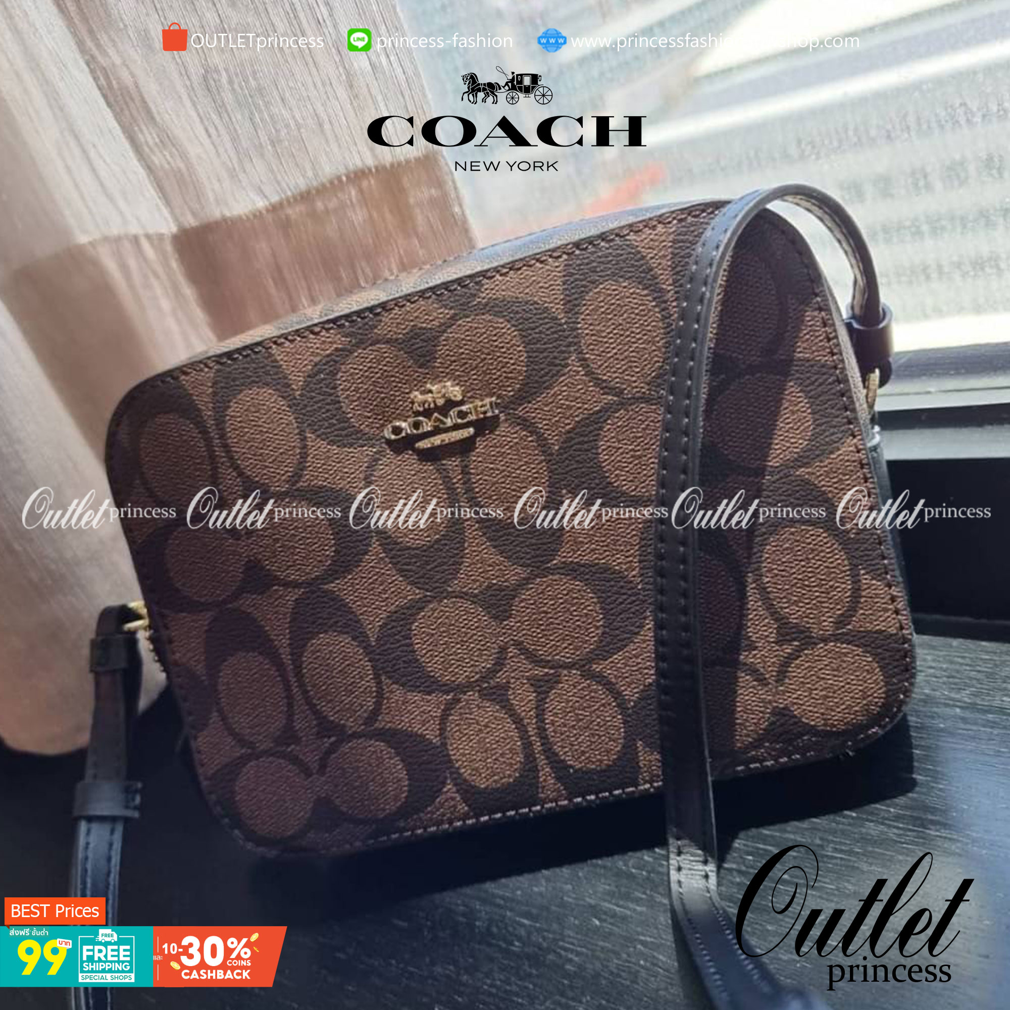 COACH 91677 MINI CAMERA BAG IN SIGNATURE CANVAS ขายดีที่สุด!! กระเป๋าสะพายข้างไซส์มินิ คลาสสิคอยู่ทรง อะไหล่ทองตัดดูหรู วัสดุหนังแคนวาสเคลือบลาย เปิด-ปิดด้วยซิป สายสะพายปรับได้ตามตัว ใบนี้แมทช์ได้ทุกลุค ใช้เป็น everyday bag ได้สบายๆเลยจ้า