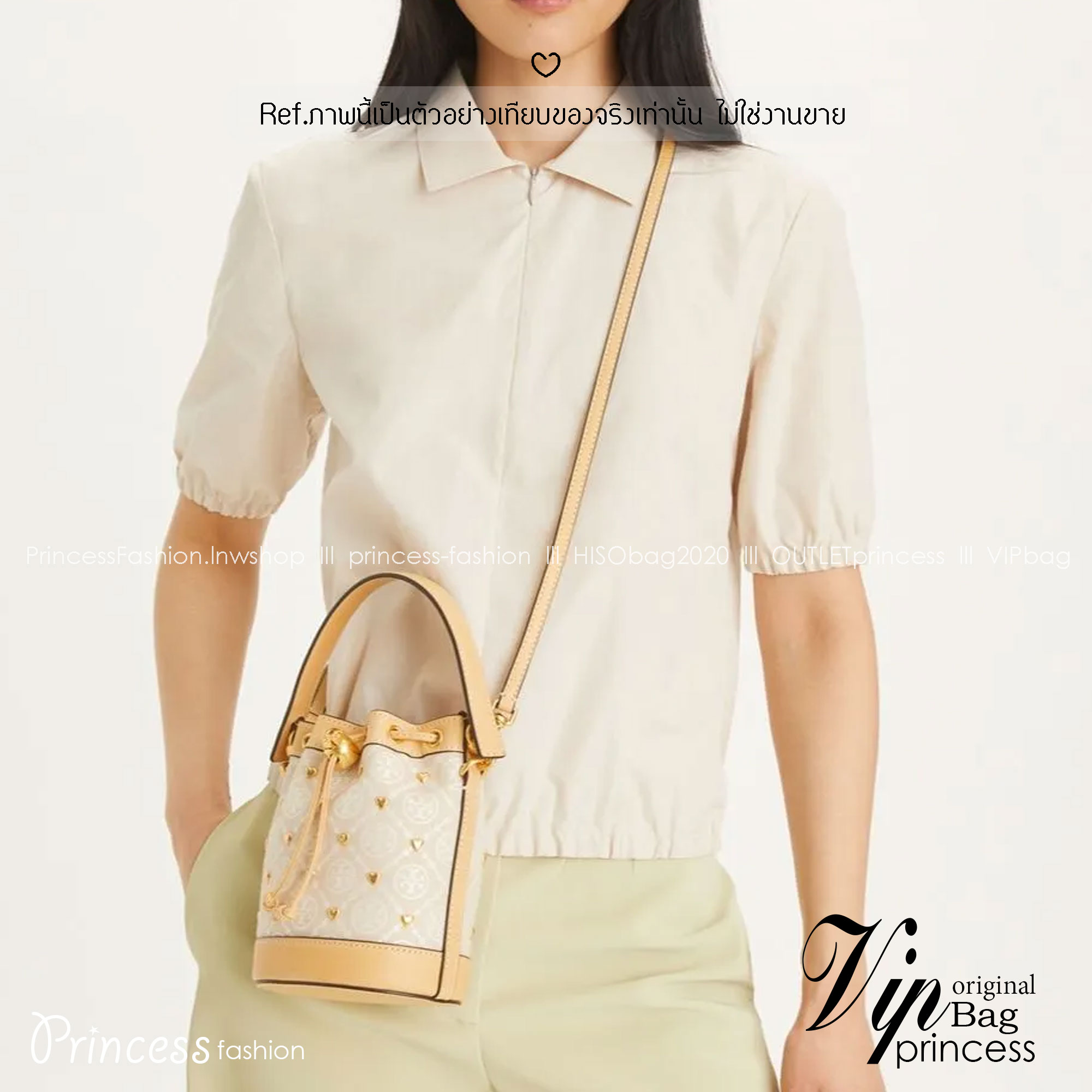 TORY BURCH T MONOGRAM EMBELLISHED MINI BUCKET BAG NEW IVORY MULTI กระเป๋าทรงบัคเก็ตแต่งหัวใจสีทองสวยหรู น่ารักรุ่นใหม่ล่าสุด เกรดท็อปออริ เทียบแท้ 1:1 เกรดดีสุด ใช้งานต่างประเทศได้