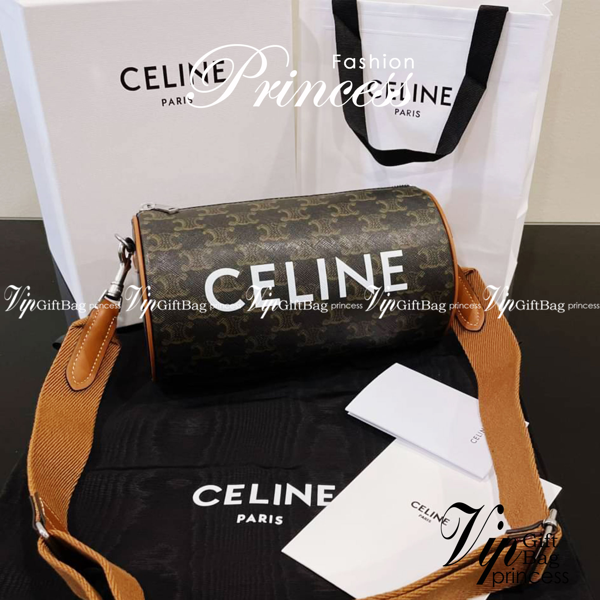 ORI CELINE cylinder bag in TRIOMPHE CANVAS Tan เกรดออริจินอล หนังแท้ พร้อมส่งที่ไทย ภาพถ่ายจากงานขายจริง ใช้งานต่างประเทศได้
