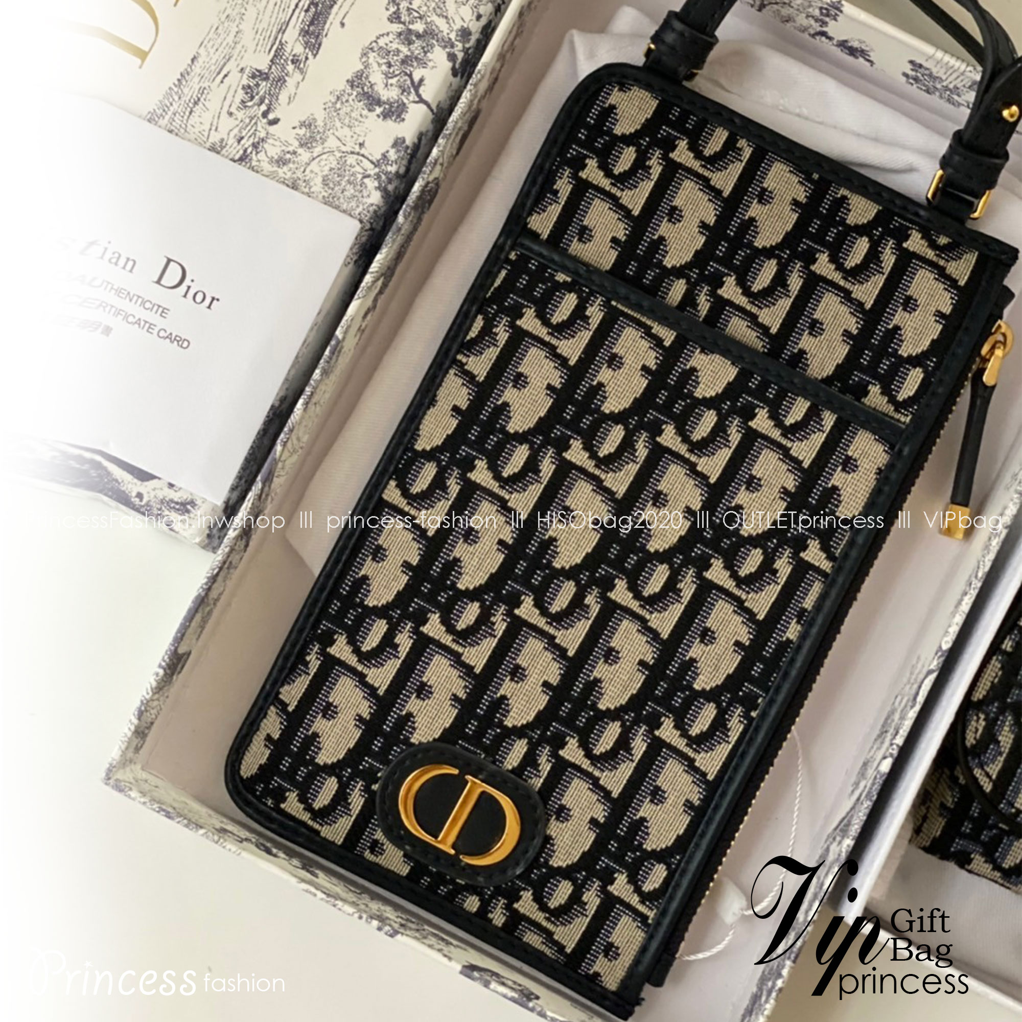 Dior 30 montaigne long wallet /Dior phone bag เกรดออริจินอล กระเป๋าเงินใบยาวลาย dior oblique ติดโลโก้ CD สีทองด้านหน้า