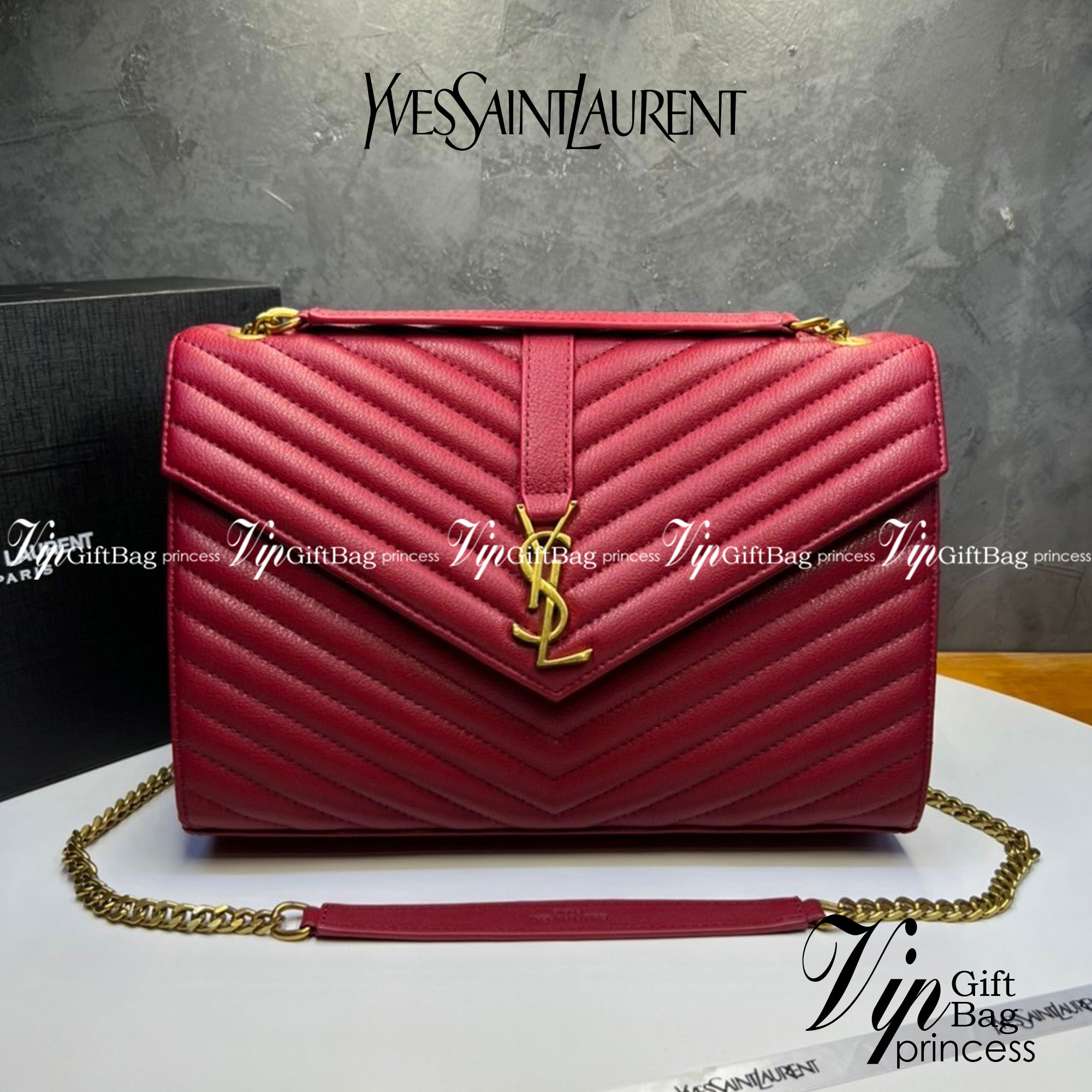 หนังแท้ YSL college large chain bag in quilted leather 30cm กระเป๋าสะพายใบใหญ่ ดีไซน์ทรงสวยหรู ตอบโจทย์ได้ทุกสไตล์ ภาพสินค้าถ่ายจากงานขายจริง ใช้งานต่างประเทศได้