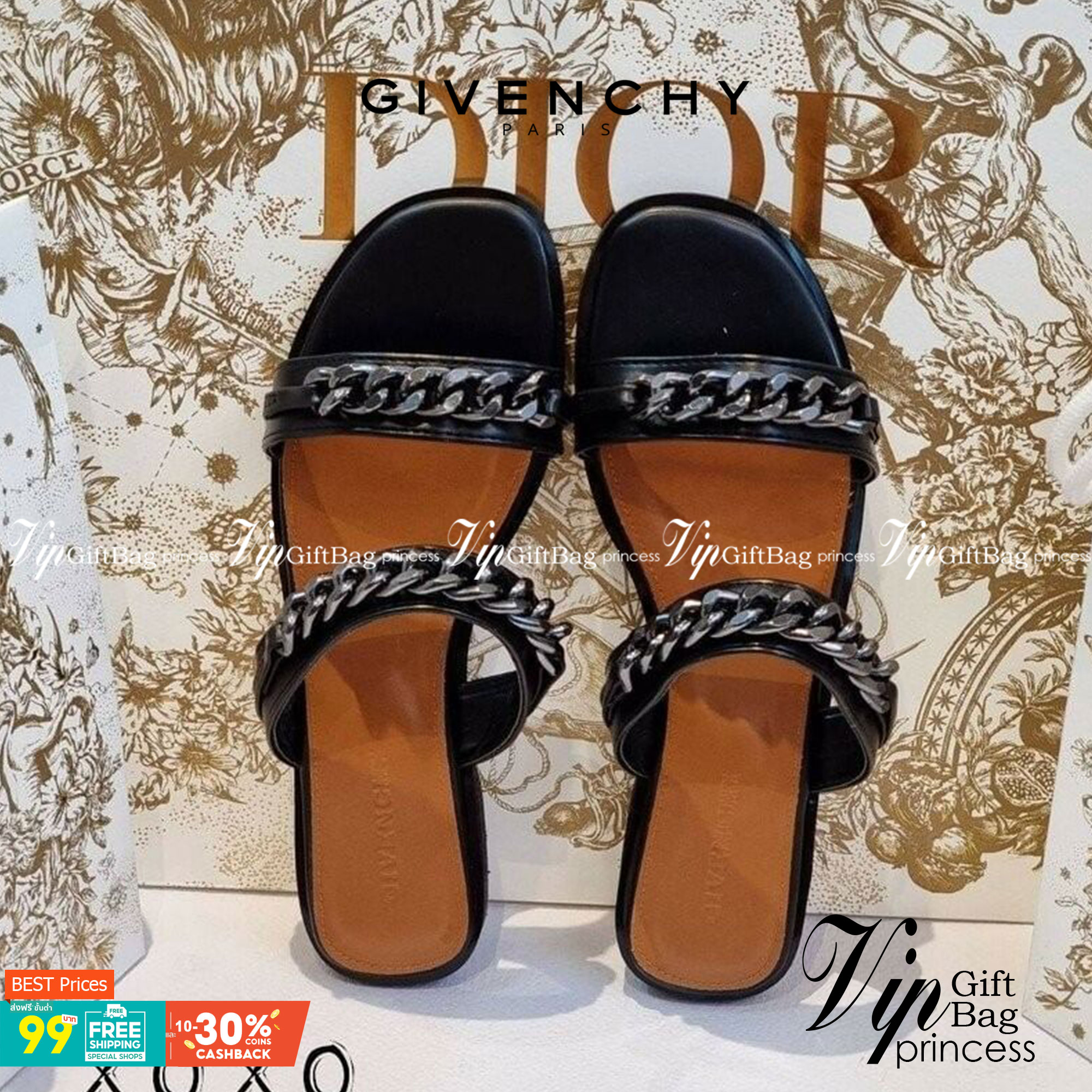 Givenchy Sandals แตะ โซ่ สวย เก๋ งานขายดีตลอดกาล แมทส์ชุดง่าย น้ำหนักเบา วัสดุหนัง PU แต่งโซ่อย่างดีอะไหล่หนา ดูแพงเกินราคาขาย น้ำหนักเบา