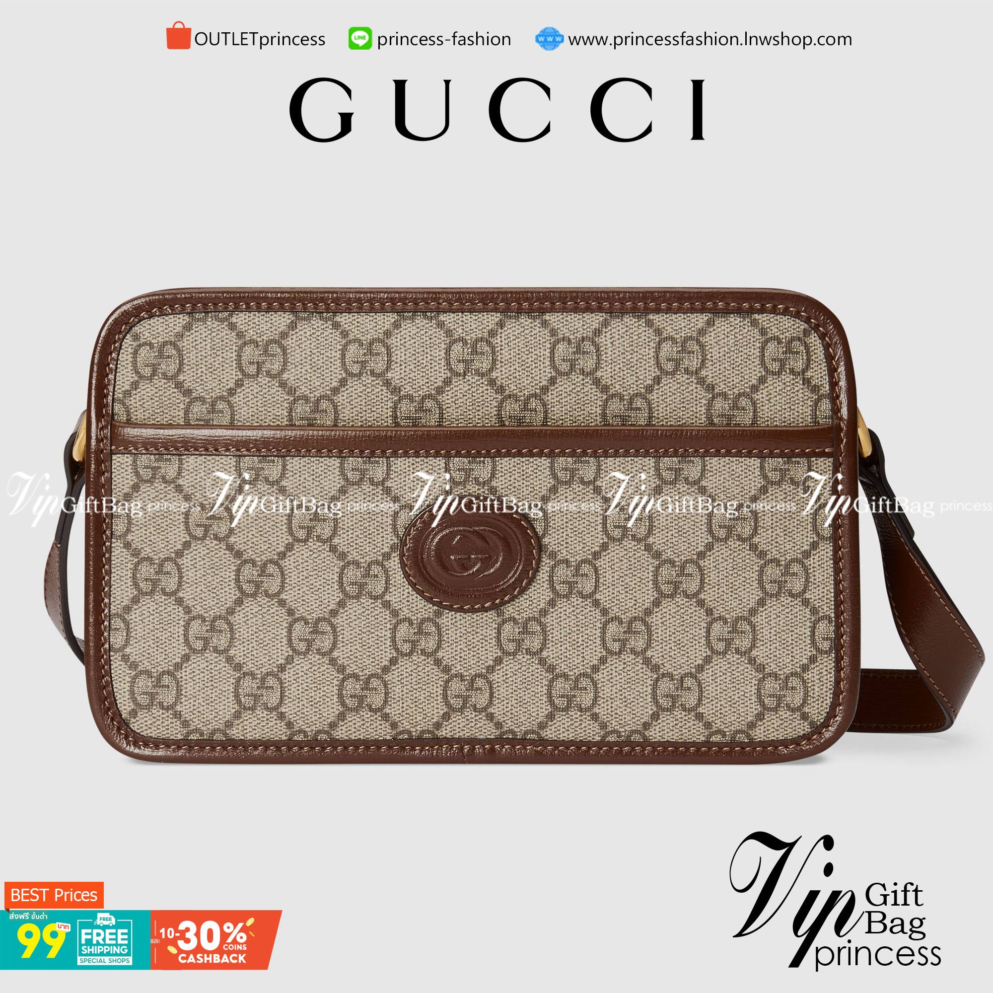 VIP 】หนังแท้ GUCCI Mini Bag With Interlocking G In GG Supreme And Brown Leather พร้อมส่งที่ไทย กระเป๋าสะพายดีไซน์สวย ใช้ได้ทั้งชายหญิง คลาสสิคและน่ารักในตัว ใช้งานง่าย ใช้ได้หลายโอกาส งานหนังแท้ สวยมากค่ะ
