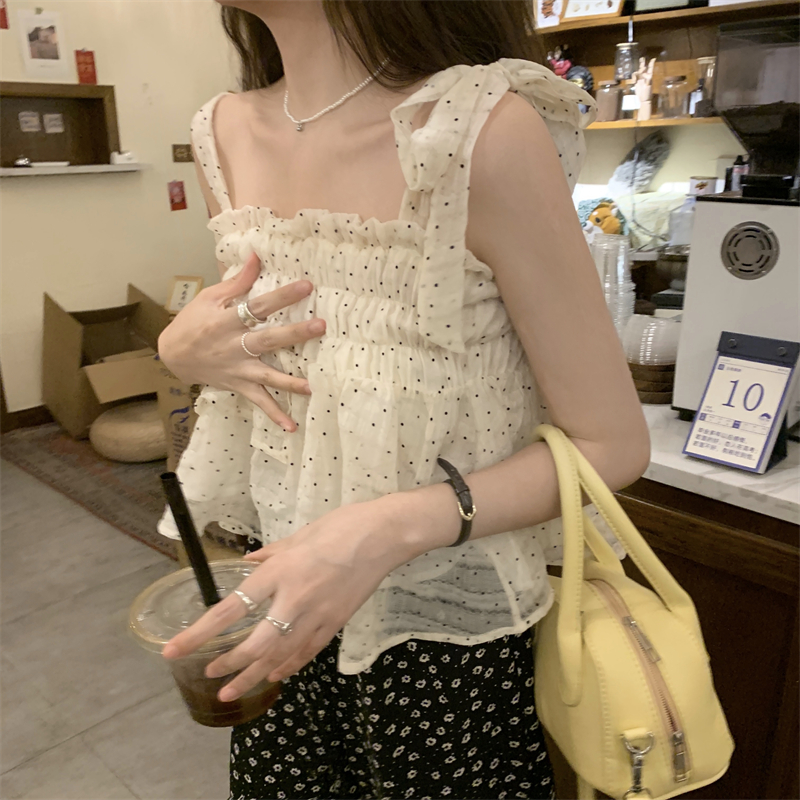 พร้อมส่ง 🏹🩰 Speckle top เสื้อสายเดี่ยวสีขางสกรีนลายจุด (IN37767)