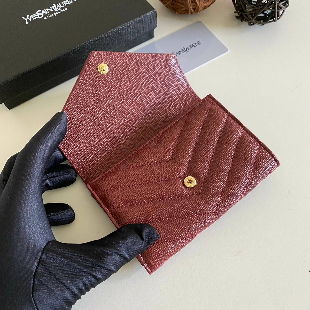 หนังแท้ 12cm YSL SAINT LAURENT GARD HOLDER Small Envelope Monogram Wallet