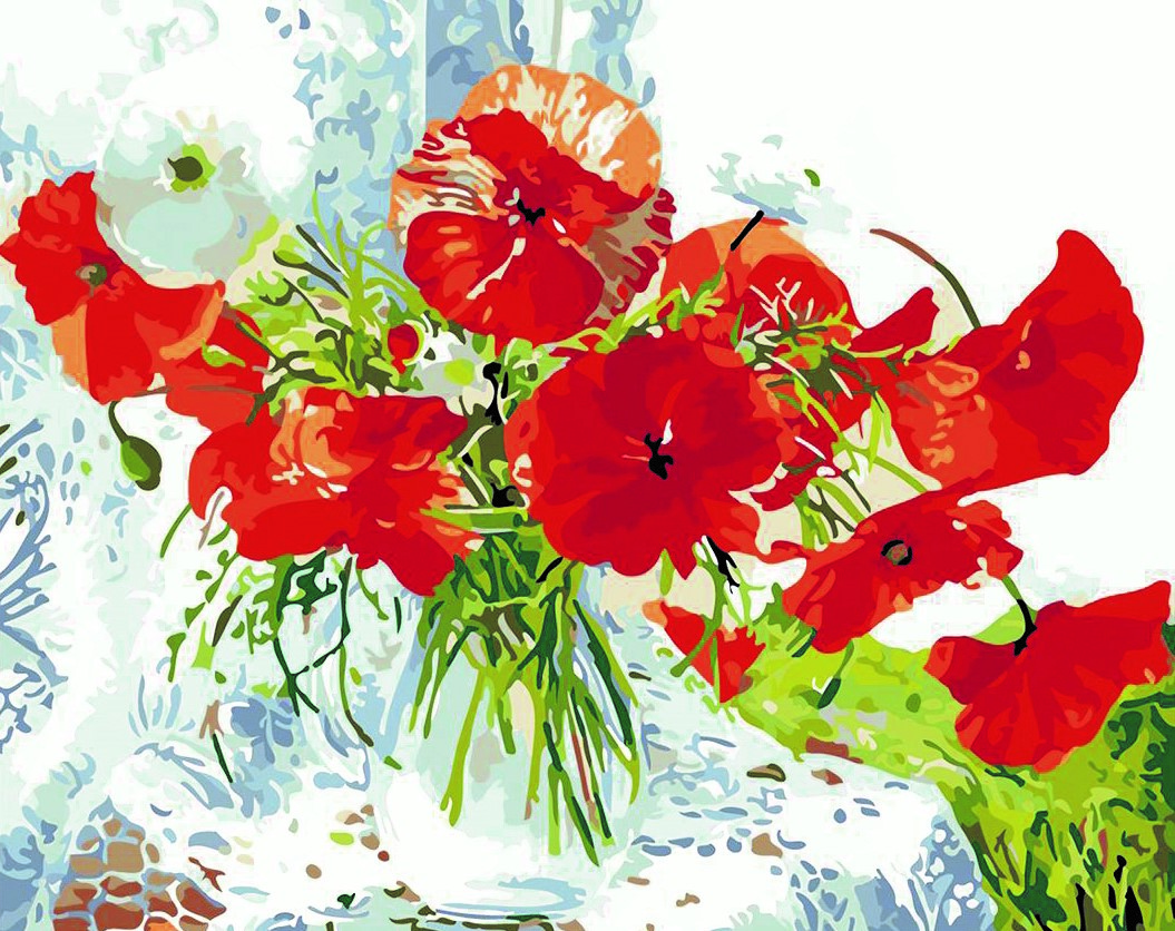 CG4689 ภาพระบายสีตามตัวเลข "ดอกไม้แดงในแจกันแก้ว"