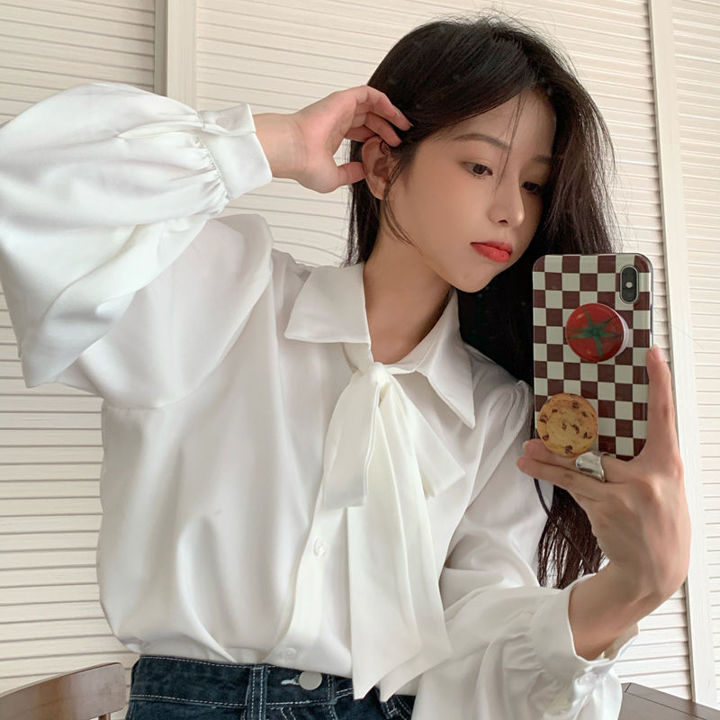 พร้อมส่ง 🔅 Wirin top เสื้อคอปกแขนยาวแต่งโบว์ (IN36174)