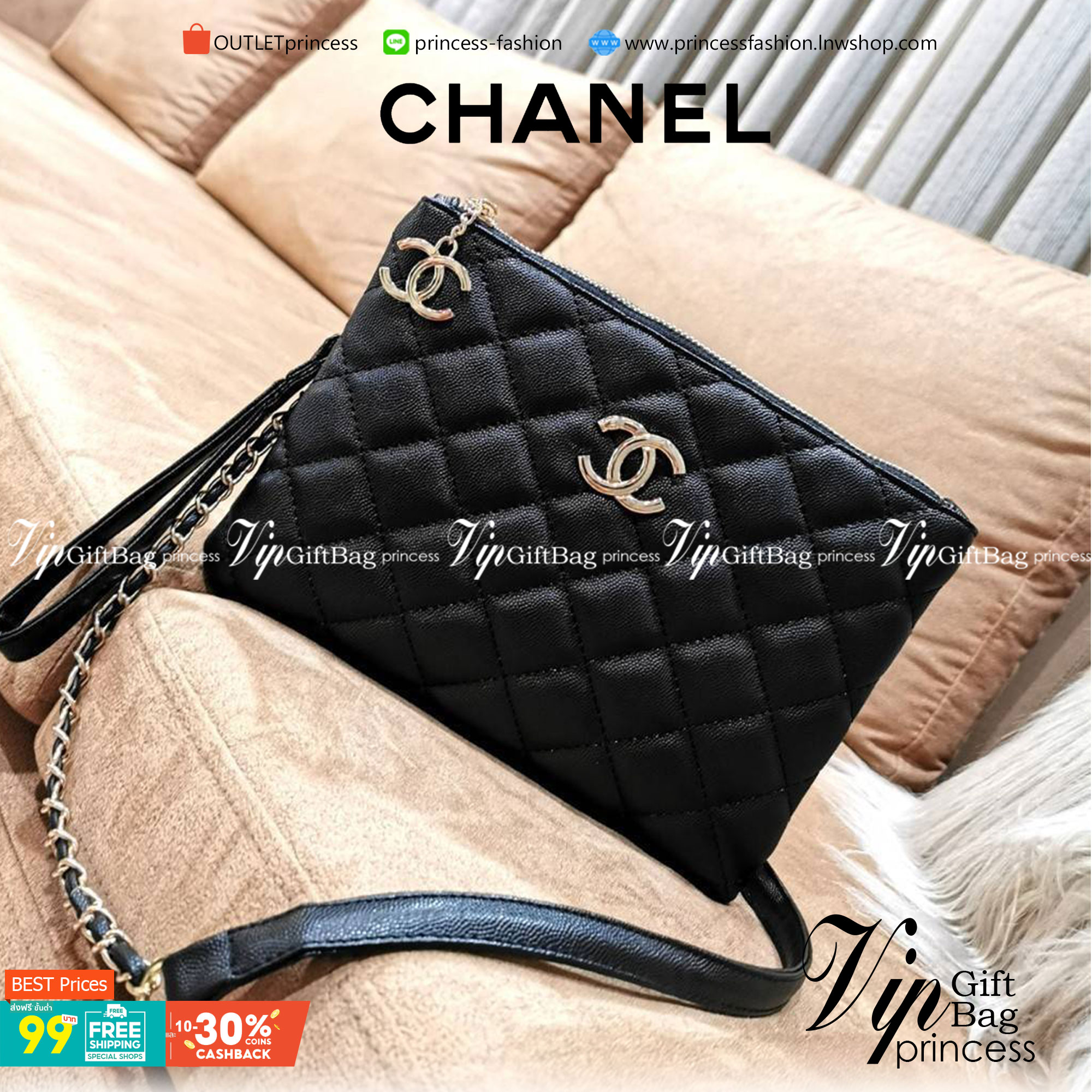 Chanel Crossbody Bag VIP Gift With Purchase (GWP) กระเป๋าสะพายพรีเมี่ยมกิ้ฟจาก Chanel Cosmetic Counter DutyFree วัสดุหนังคาเวียร์สวยหรูเปิดปิดด้วยซิปโลโก้แบรนด์สีทองสะดวกใช้ ด้านหน้ามีโลโก้ ด้านหลังมีช่องใส่ของ ภายในมีช่องซิป ใส่มือถือ ธนบัตร เครื่องสำอาง
