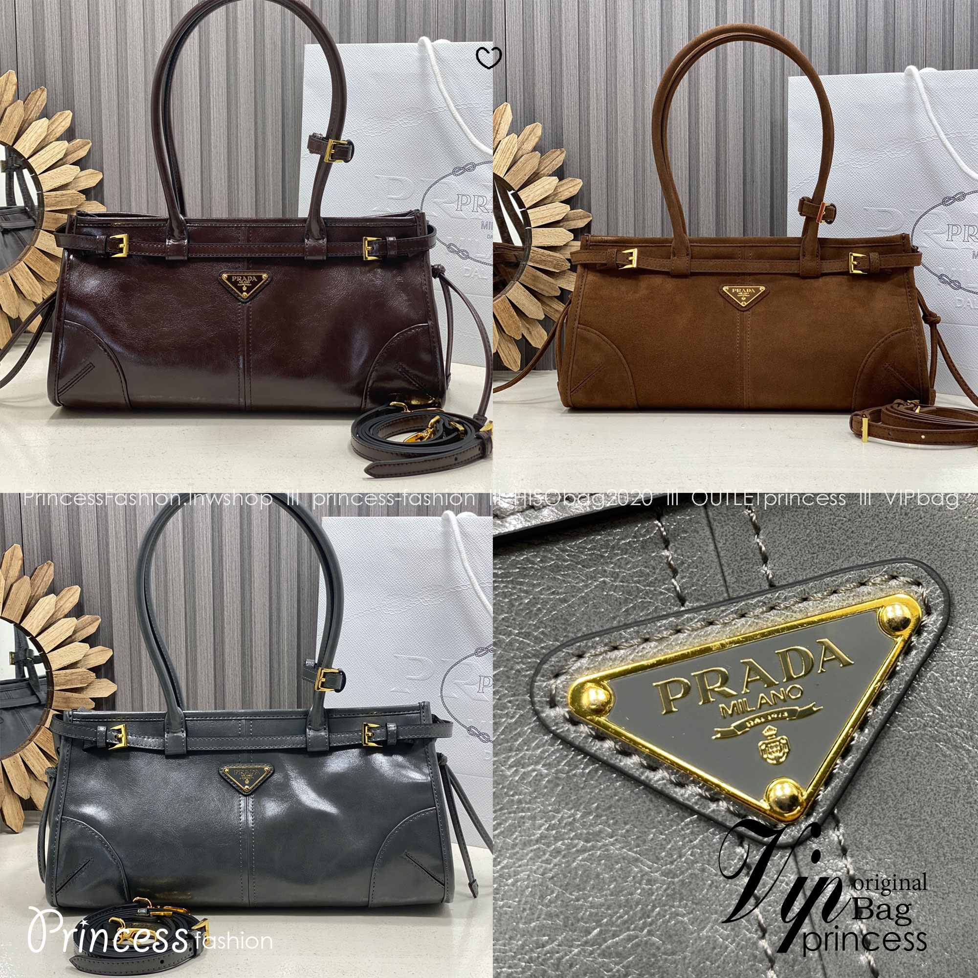 ORI หนังแท้ | Prada Bonnie medium leather handbag 32cm กระเป๋าสะพายทรงโท้ท โดดเด่นด้วยดีไซน์ที่เน้นความประณีตแต่ใช้งานได้จริง หนังเนื้อนุ่มเคลือบเงา เน้นย้ำเสน่ห์อันทันสมัยและใช้งานได้หลากหลาย