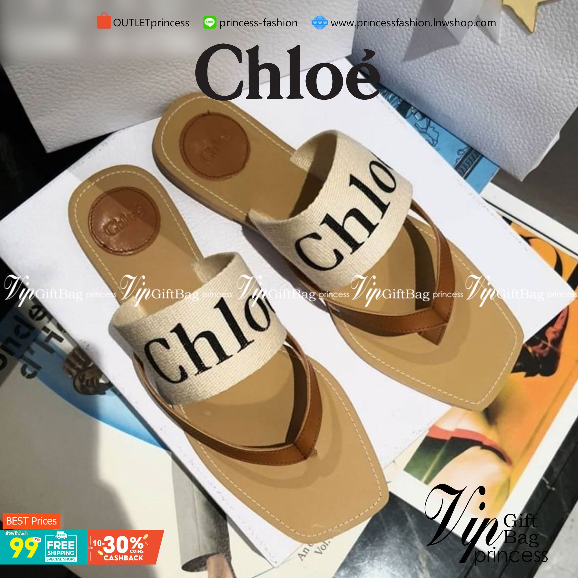 Chloe Sandals แตะหนีบ คาดว่าแคนวาสตีแบรนด์ แมทส์ชุดง่าย น้ำหนักเบา
