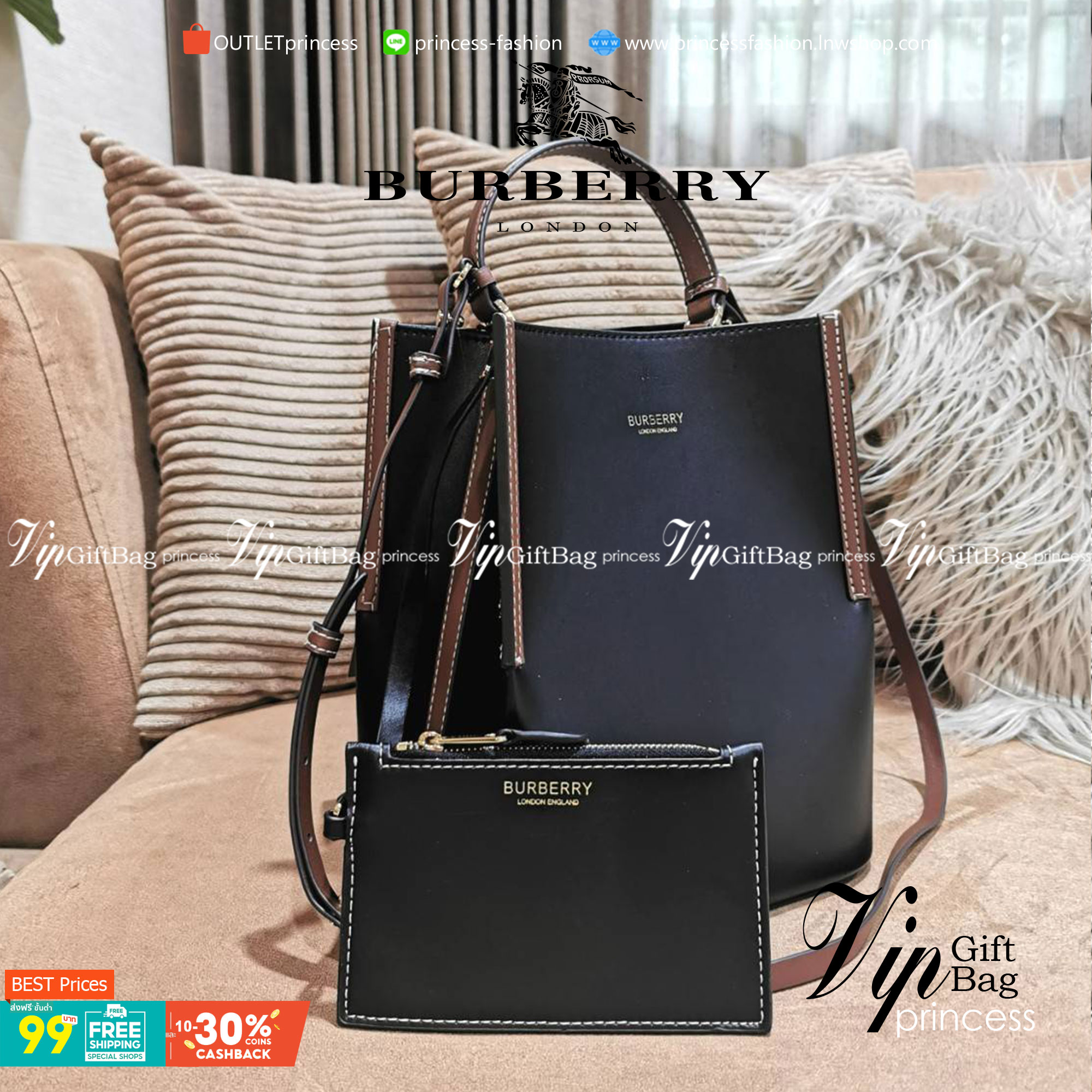 BURBERRY FRAGRANCES BUCKET BAG GIFT WITH PURCHASE พรีเมี่ยมกิ๊ฟ Limited Edition จาก BURBERRY PERFUME วัสดุหนังแท้ CalfSkin สวยหรูอยู่ทรง มาพร้อมกระเป๋าคลัชเล็กเข้าชุดกันสายคล้องสามารถถอดแยกใช้ได้ ภายในโล่งกว้างและจุสามารถใส่กล้อง มือถือ ของใช้ได้เยอะ หูจั