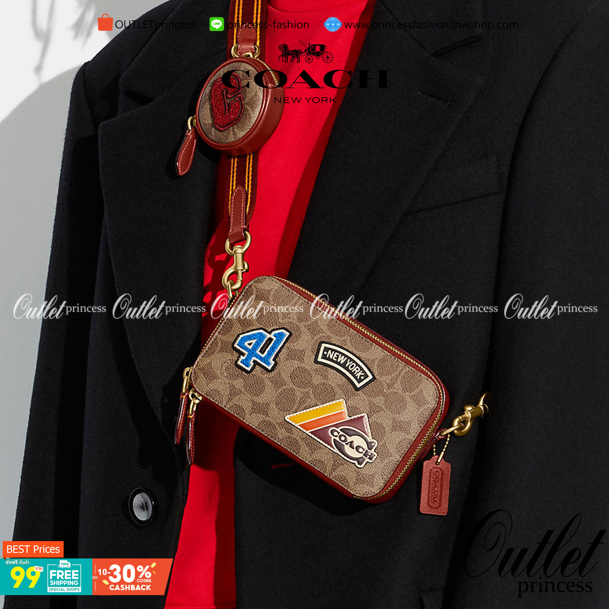 COACH CHARTER SLIM CROSSBODY IN SIGNATURE CANVAS WITH PATCHES ((C6744)) 📌พร้อมส่งที่ไทย สวยก่อนใครไปเลยยค่าา! 🌈จัดส่งพร้อมกระเป๋าพวงกุญแจแบรนด์แบบมีซิปอีกหนึ่งใบ กระเป๋าสะพายแบบครอสบอดี้ร์ หนังแท้สวย