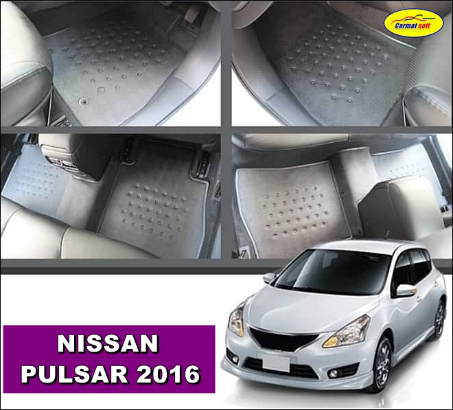 พรมปูพื้นรถยนต์ NISSAN PULSAR พรมยางลายหนังเรียบ ลายหนังแท้ รีดขอบ สีเทา 5ชิ้น