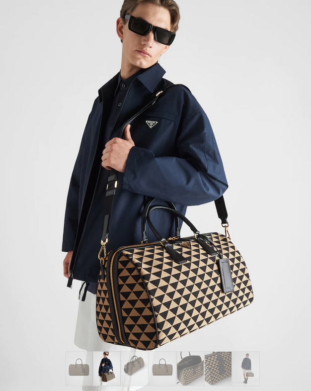 PRADA Large Boston jacquard Bag / Prada Symbole embroidered jacquard fabric travel bag 17" กระเป๋าทรงบอสตันใบใหญ่ ภาพถ่ายจากงานขายจริง ใช้งานต่างประเทศได้