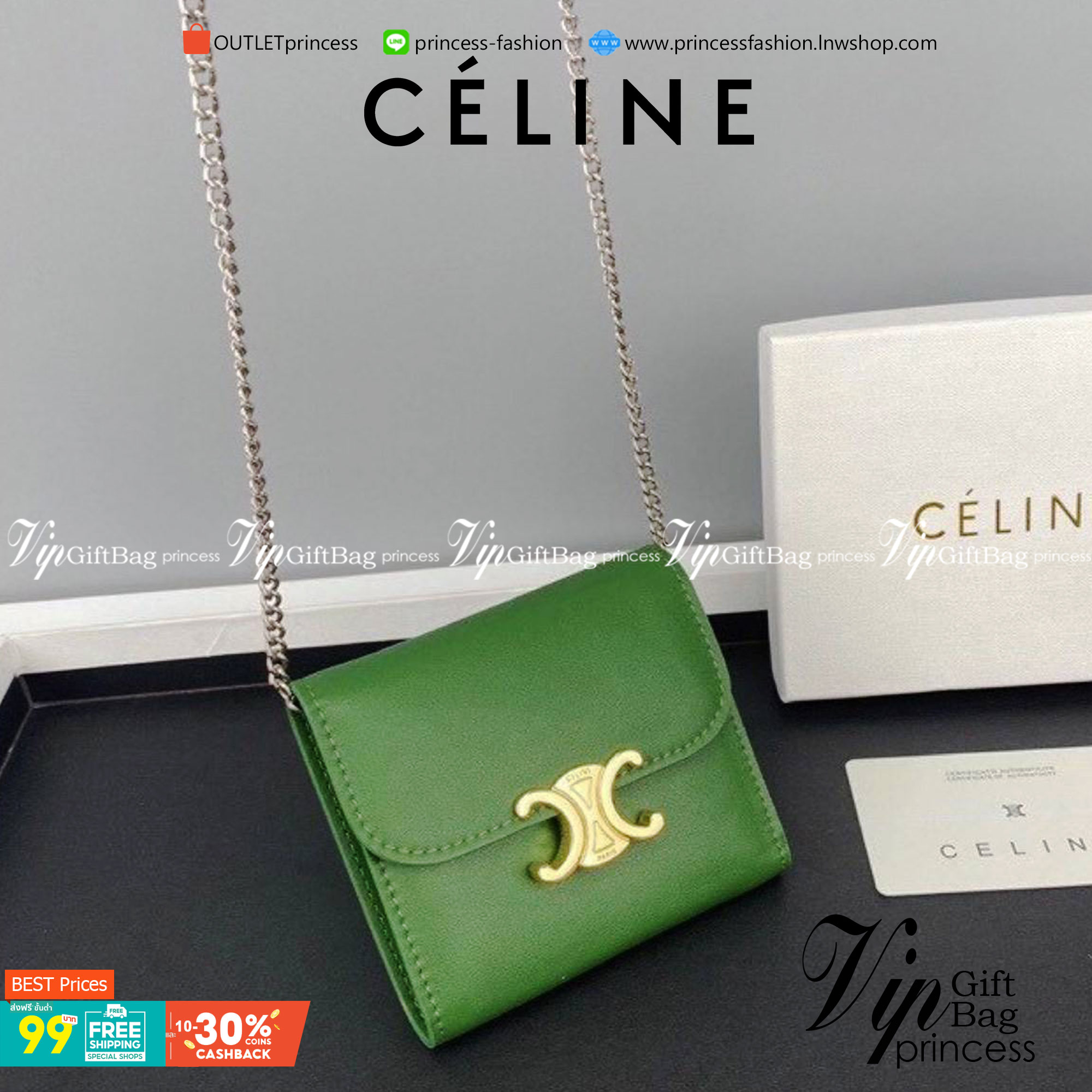 สีใหม่พร้อมส่ง! สีเขียวเหนี่ยวทรัพย์! และสีดำสุดคลาสสิค CELINE SHORT WALLET VIP GIFT WITH PURCHASE (GWP) หนังเรียบสวยอยู่ทรงมีโลโก้ด้านหน้าเปิดปิดด้วยฝาพับกระดุม ภายในมีช่องแบ่งหลายช่อง มีช่องใส่บัตรหลายช่อง ช่องใส่เหรียญ ช่องใส่ธนบัตร ใส่แบงก์พันได้เหมือ