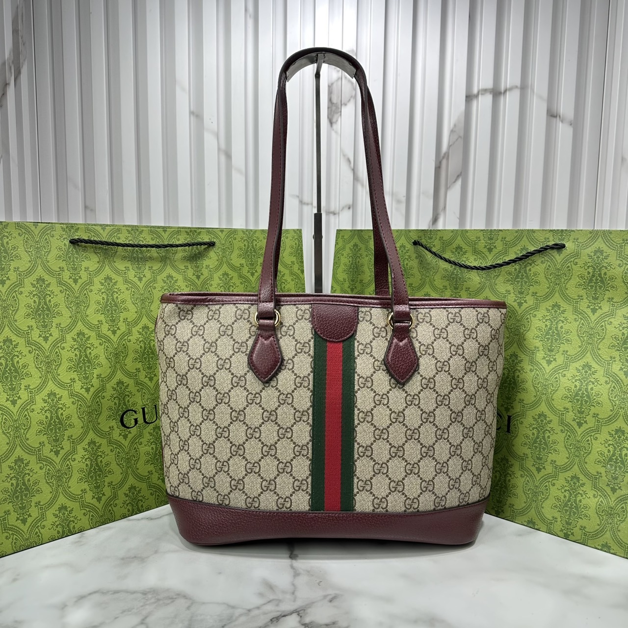 ORI หนังแท้ | Gucci Ophidia medium tote bag GG Monogram Double G / Gucci Tote Bag กระเป๋าสะพายทรงโท้ทใบใหญ่ ภายในโล่งกว้างจุของได้เยอะ