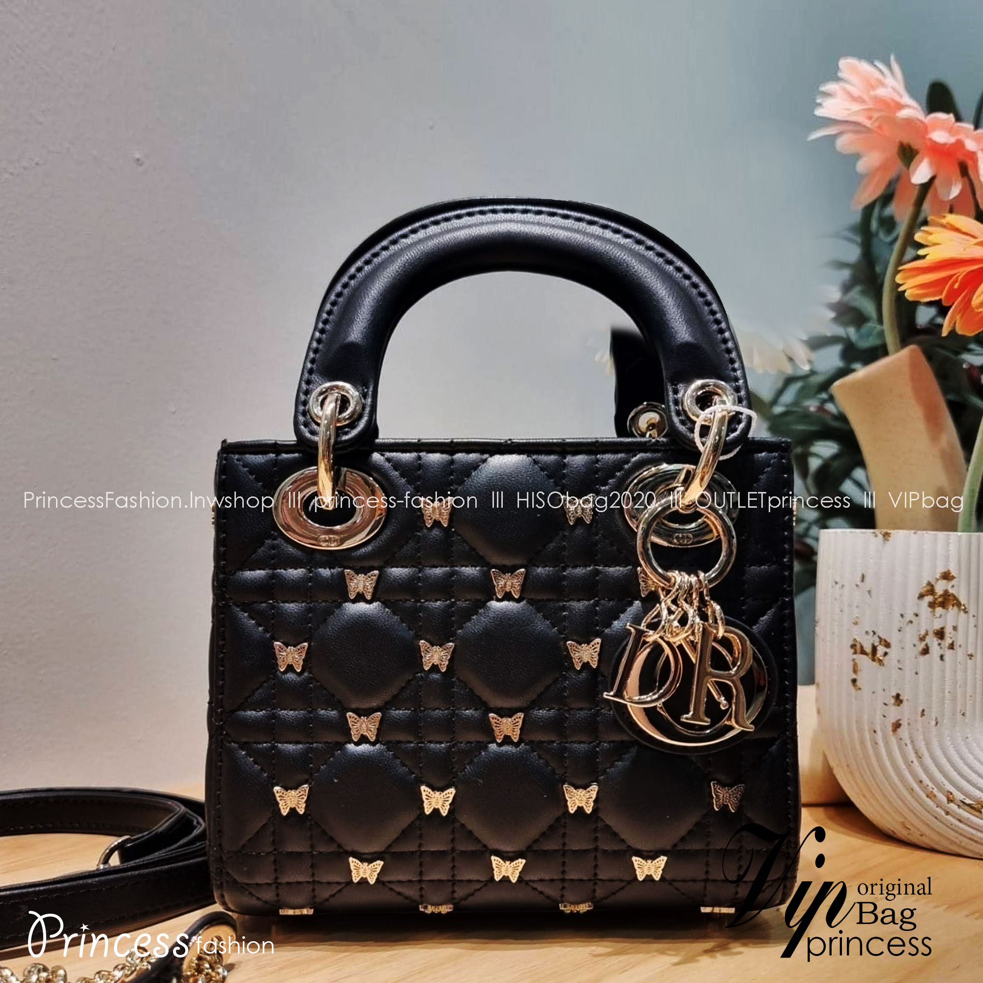 Small Lady Dior Bag Black Cannage / CD SMALL LADY BAG WITH BUTTERFLY กระเป๋าสะพายตกแต่งรูปผีเสื้อคละรอบใบ สวยหรูดูแพงทรงกล่องคลาสสิค