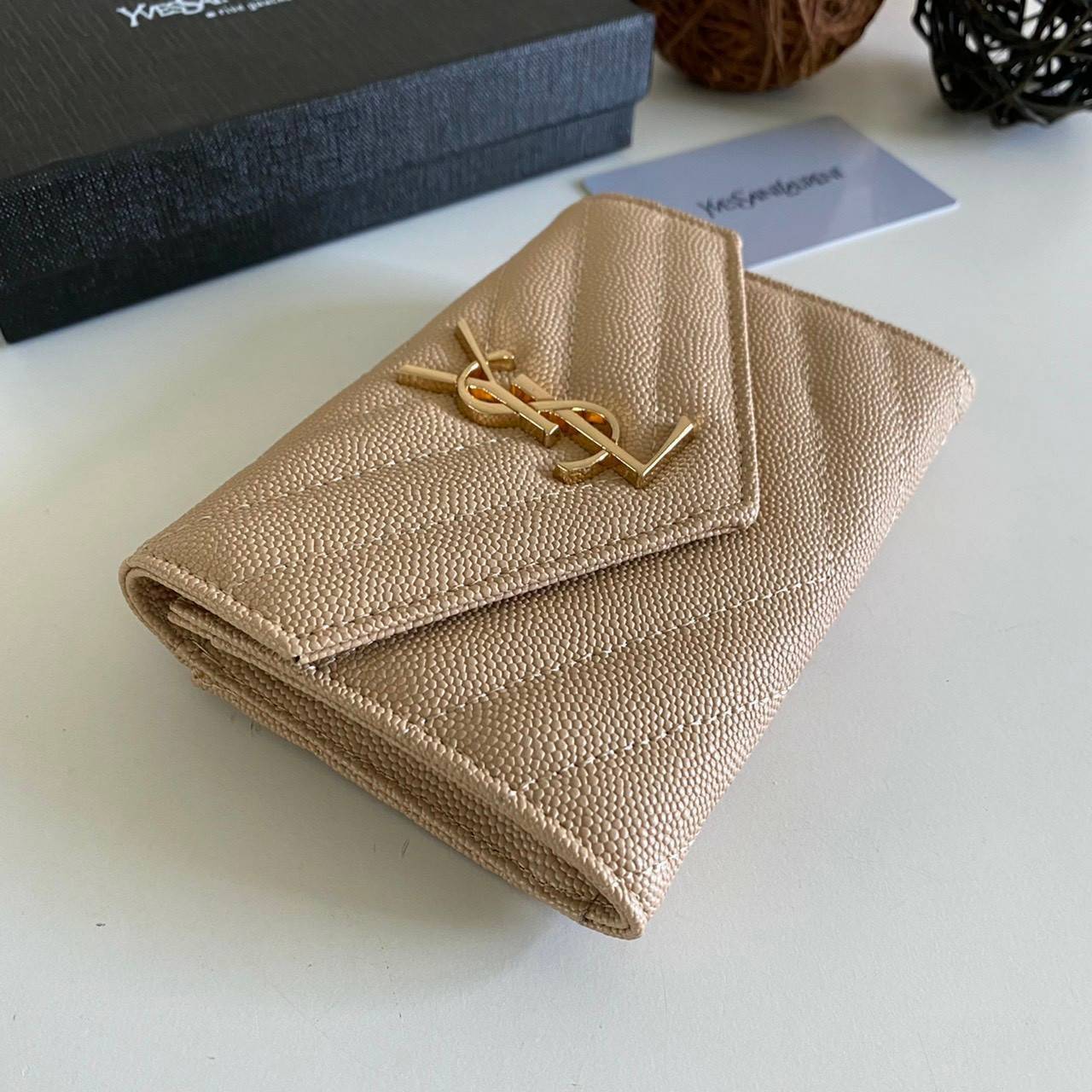 หนังแท้ 12cm YSL SAINT LAURENT GARD HOLDER Small Envelope Monogram Wallet