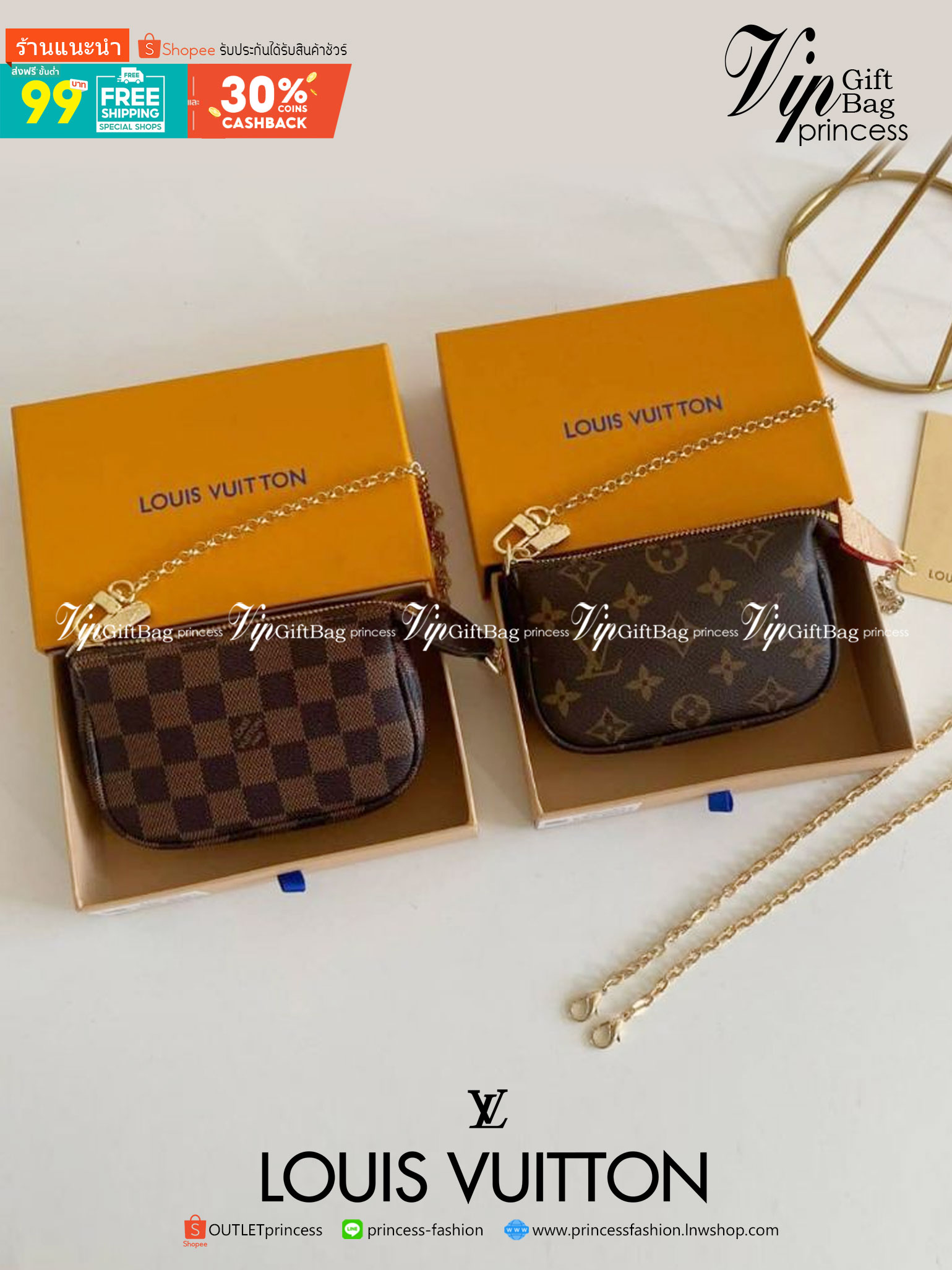 หนังแท้ LOUIS VUITTON MINI POCHETTE ACCESSOIRES BAG / LV POCHETTE พร้อมส่งที่ไทย งานหนังแท้ทั้งใบ ออริจินอลเกรด ภาพสินค้าถ่ายจากงานขายจริง ใช้งานต่างประเทศได้