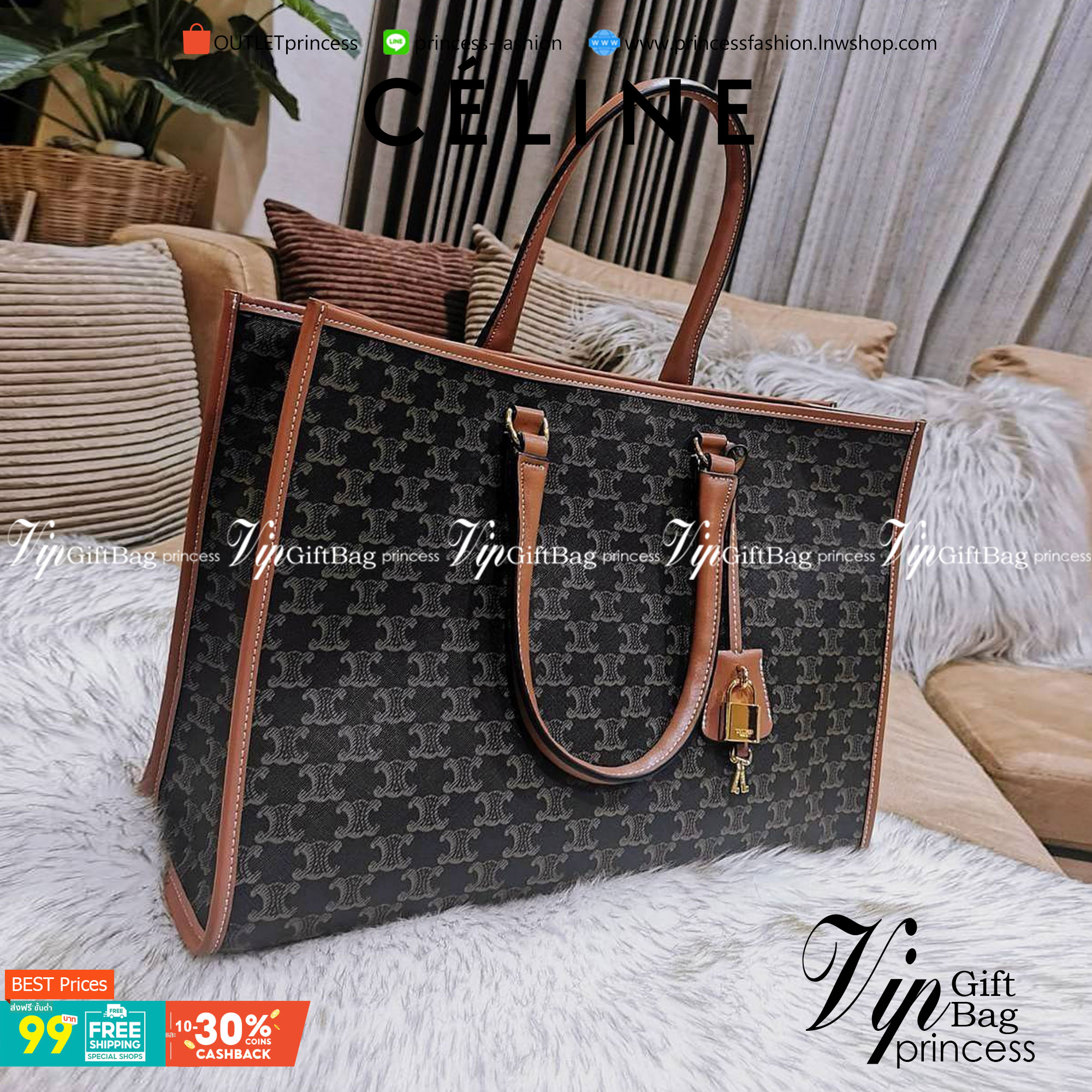 VIP 】CELINE LARGE TOTE BAG VIP GIFT WITH PURCHASE (GWP) กระเป๋าพรีเมี่ยมกิ๊ฟ Limited จาก CELINE HAUTE PARFUME DUTYFREE COUNTER วัสดุ TRIOMPHE CANVAS หนังแท้สวยอยู่ทรงดีไซน์หรูคลาสสิค มาพร้อมTAGสายหนังห้อยกุญแจทอง ภายในโล่งกว้างมีช่องซิป หัวซิปแบรนด์ สามาร