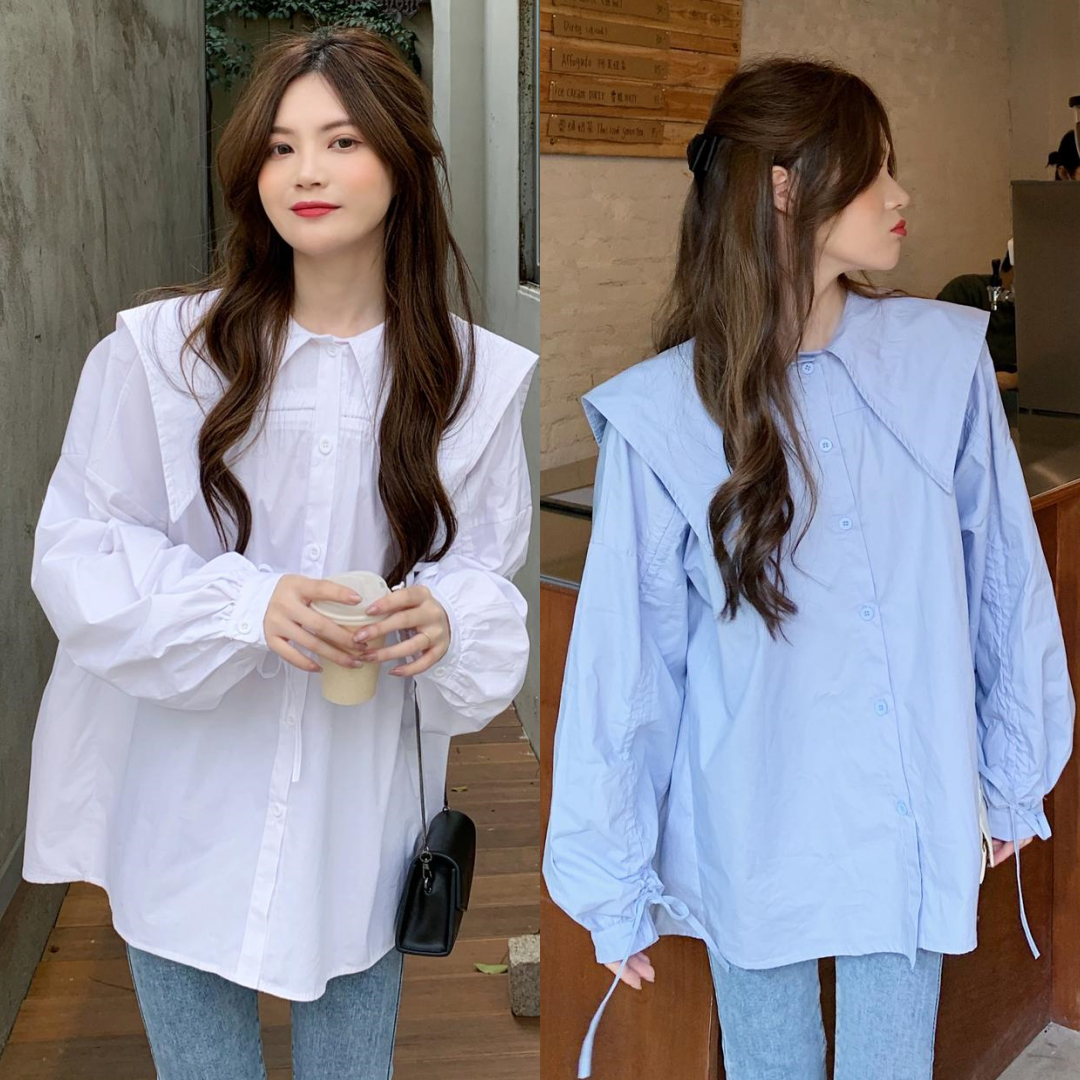 พร้อมส่ง 2 สี 🍋🎪 Lami tops เสื้อแขนยาวคอปกผ้าคอตตอน (IN36531)