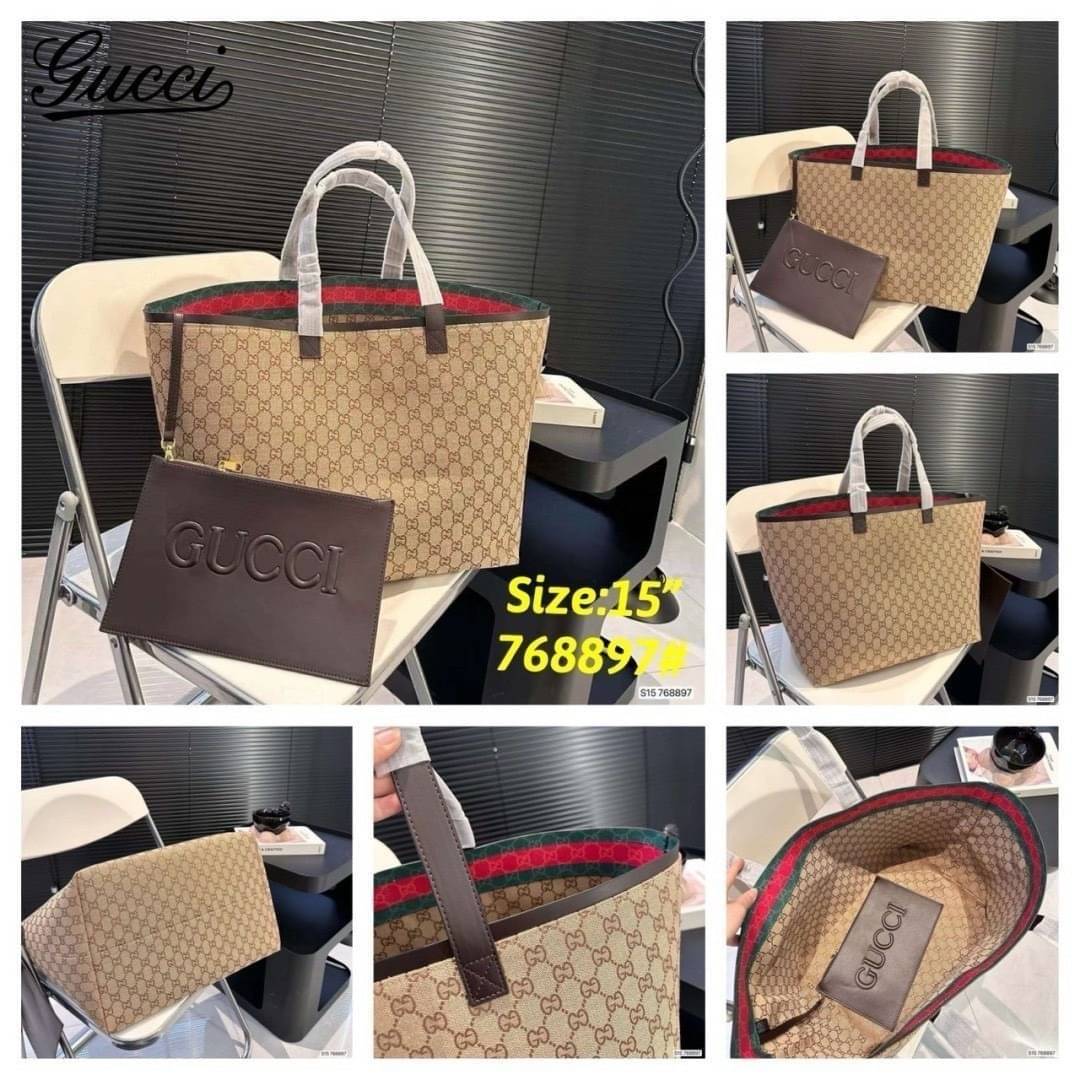 GUCCI Totissima medium tote bag กระเป๋าสะพายทรงโท้ทใบใหญ่รุ่นใหม่ สีน้ำตาลสวยงามเป็นเอกลักษณ์ งานสวยหรูคลาสสิคไม่มีเอ้าท์ ภายในโล่งกว้างและจุมาก