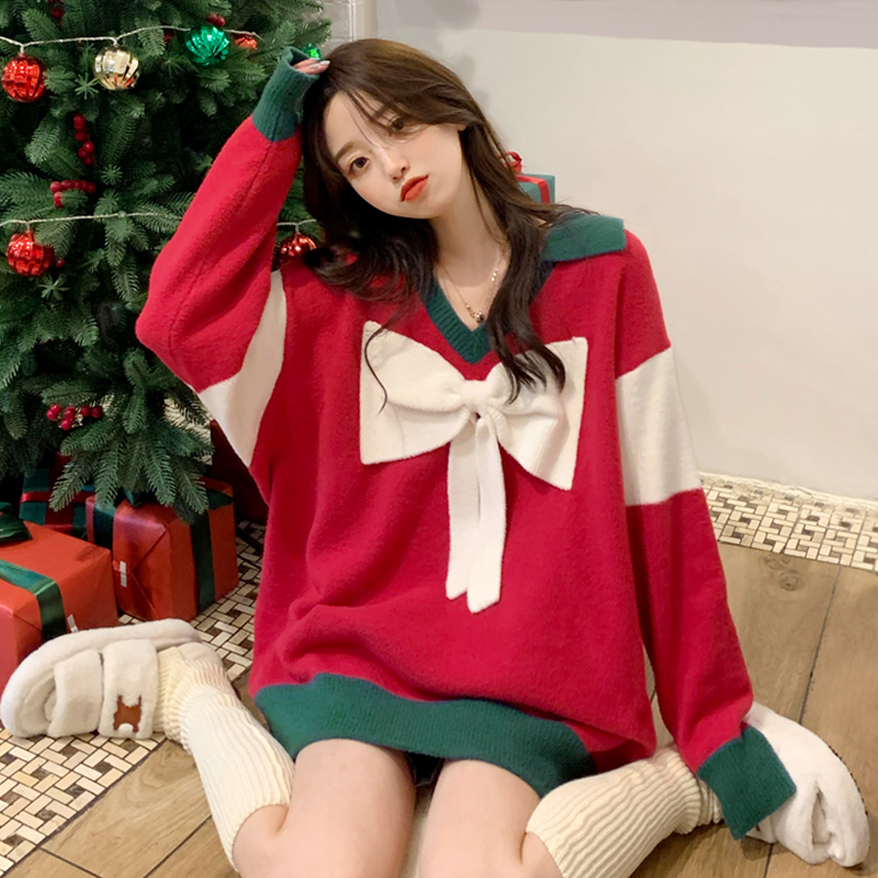พร้อมส่ง 🍄🐠 Christmas sweater เสื้อไหมพรมแขนยาวสีแดงสุดเก๋ๆ (IN36261)