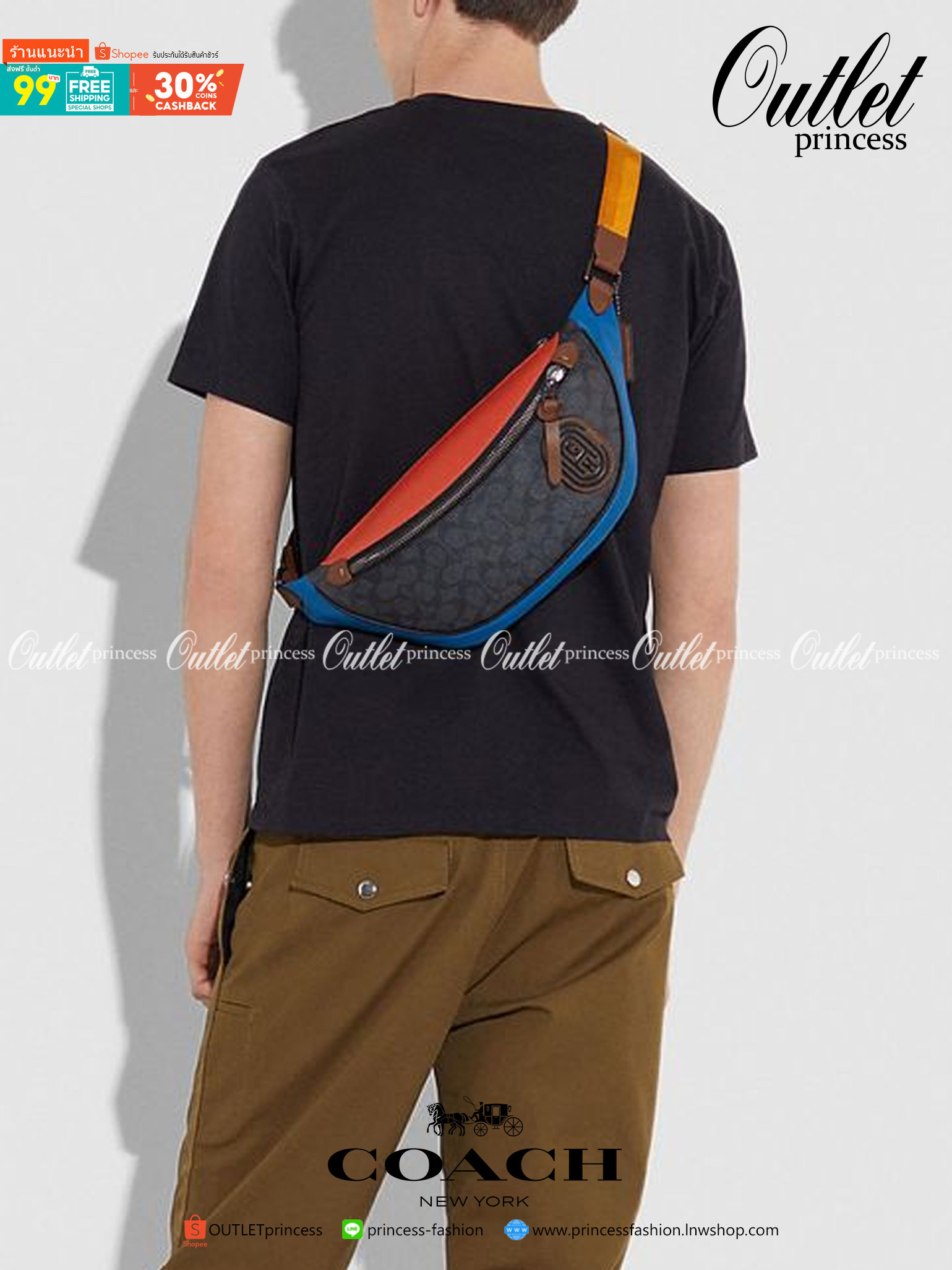 OUTTLET 】COACH RIVINGTON BELT BAG IN COLORBLOCK SIGNATURE CANVAS WITH COACH PATCH (962) รุ่นใบใหญ่จุใจ ใช้ได้ทั้งชายหญิง