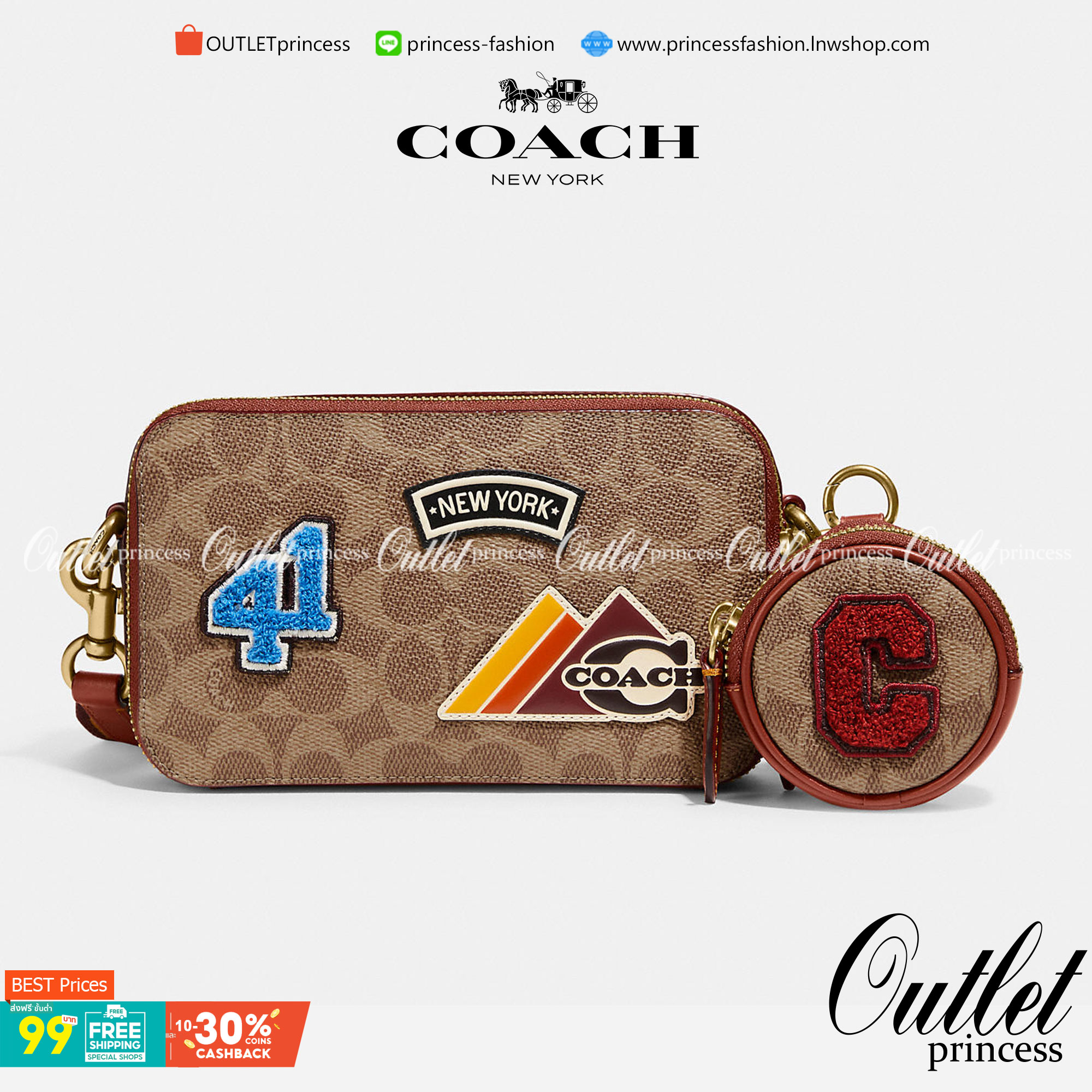 COACH CHARTER SLIM CROSSBODY IN SIGNATURE CANVAS WITH PATCHES ((C6744)) 📌พร้อมส่งที่ไทย สวยก่อนใครไปเลยยค่าา! 🌈จัดส่งพร้อมกระเป๋าพวงกุญแจแบรนด์แบบมีซิปอีกหนึ่งใบ กระเป๋าสะพายแบบครอสบอดี้ร์ หนังแท้สวย