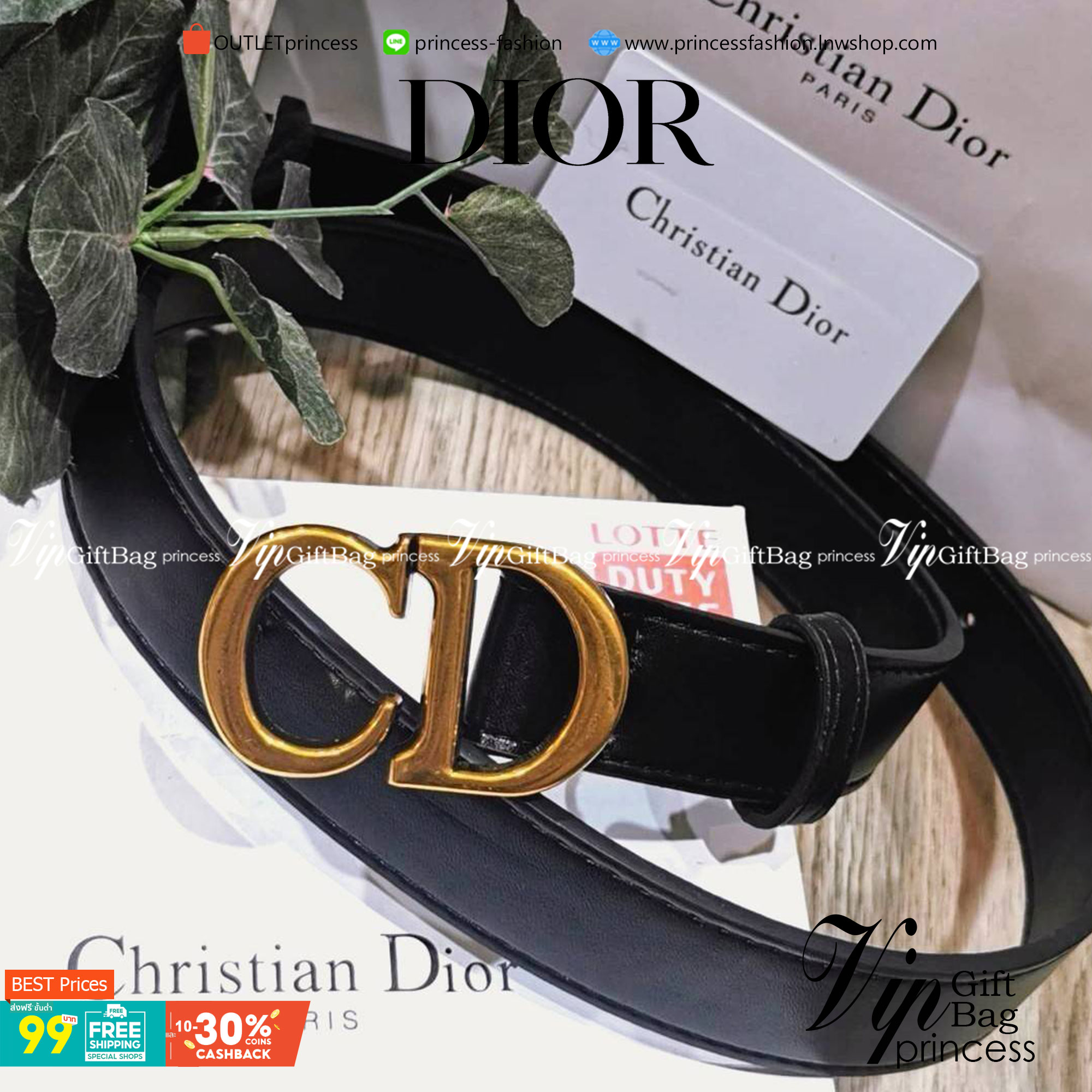 Christian Dior Belt Embossed "CD" 3D Logo VIP Gift With Purchase (GWP) เข็มขัดหนังแท้พรีเมี่ยมกิ๊ฟ Limited จาก Christian Dior Perfume Dutyfree ดีไซน์สุดคลาสสิคสไตล์ Vintage วัสดุ 3D Gold metal สายหนังสีดำปรับระดับได้ เข้าได้กับทุกลุ๊คสไตล์การเเต