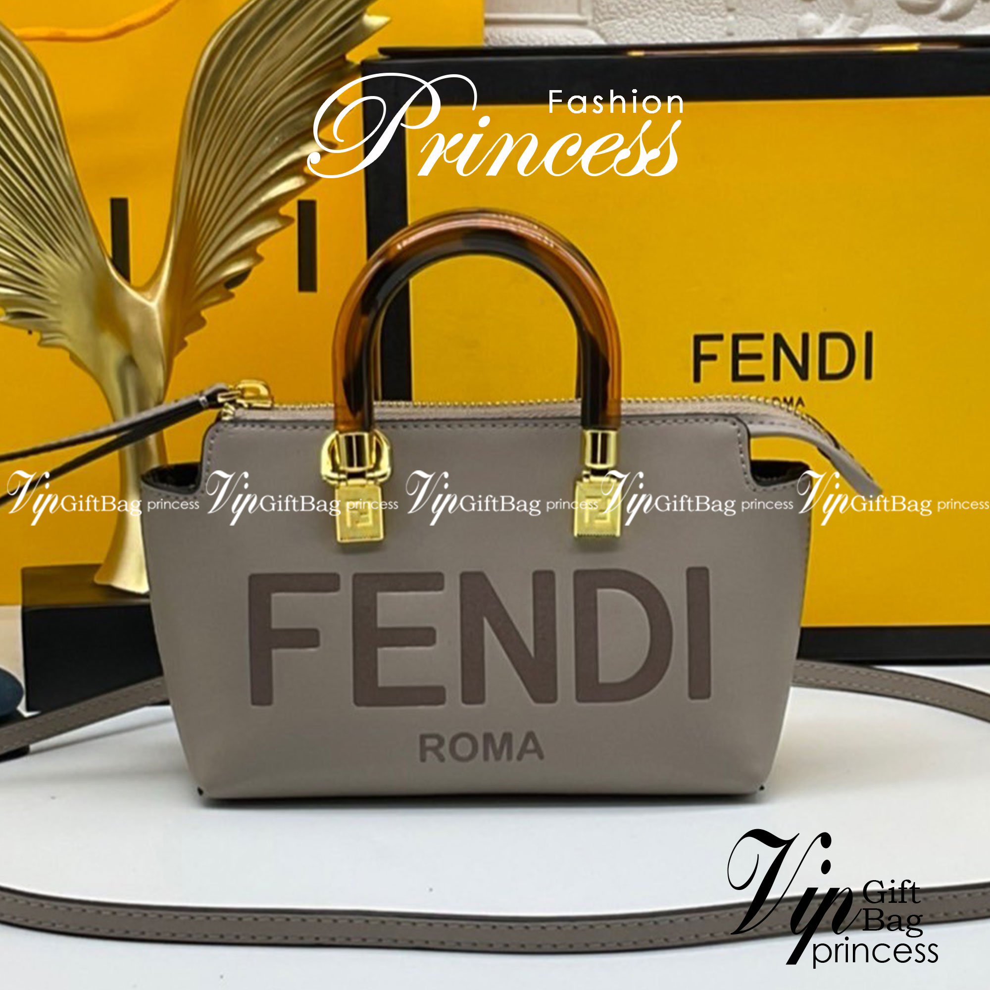 FENDI By The Way Mini Bag พร้อมส่งที่ไทย ภาพถ่ายจากงานขายจริง Iconic mini By The Way Boston bag made FENDI ROMA lettering and rigid tortoiseshell-effect plexiglass handles.