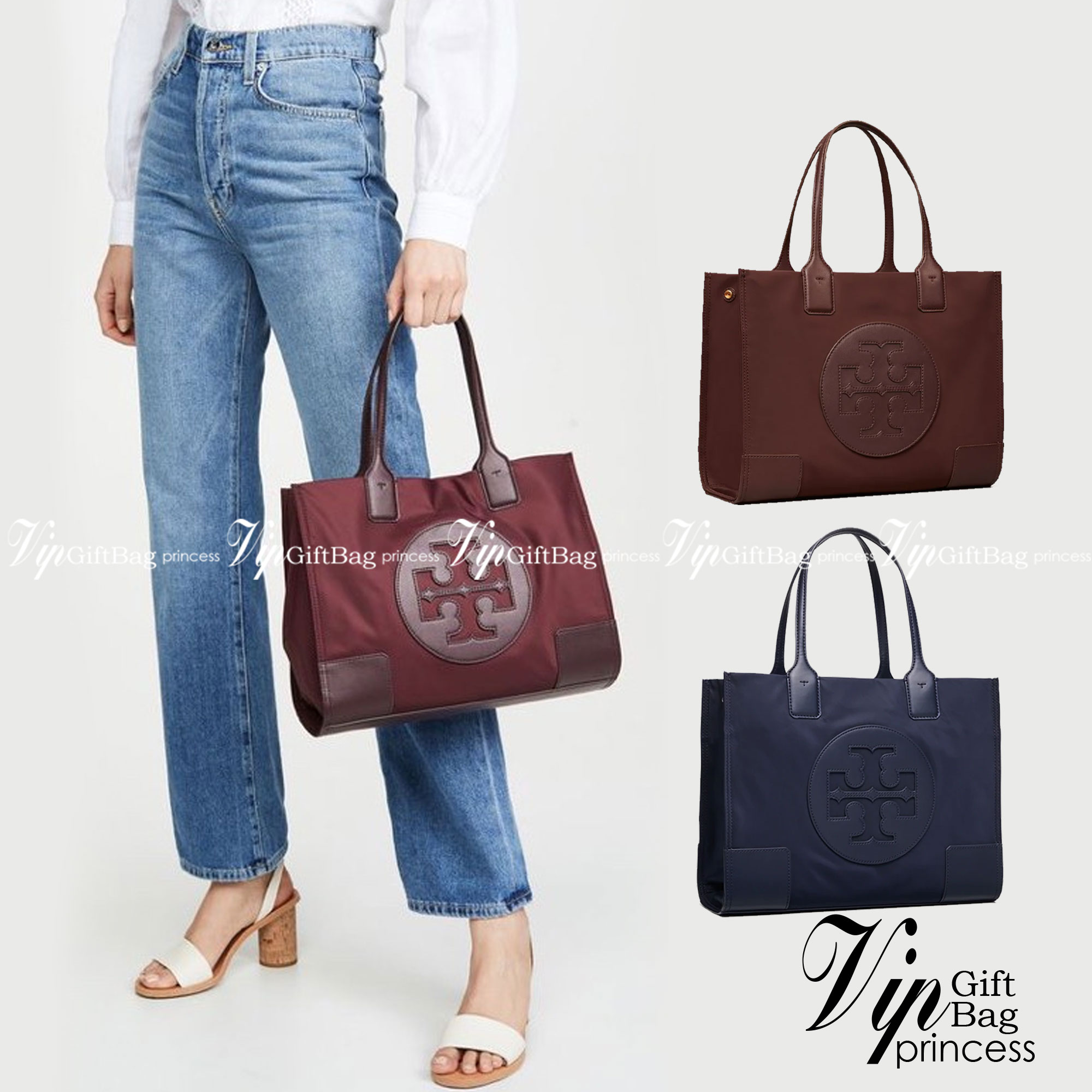 กระเป๋าทรงโท้ทใบใหญ่ TORY BURCH ELLA TOTE BAG วัสดุ NYLON ทั้งใบตัดด้วยหนังสีดำ แต่งโลโก้แบรนด์ด้านหน้า ด้านข้างมีกระดุม สามารถขยายทรงได้ ด้านในเปิดปิดด้วยกระดุมแม่เหล็กฝัง ช่องกว้างหลักหนึ่งช่องและช่องซิปอีกช่อง สามารถใส่แล็ปท็อปได้สบาย ใบใหญ่เว่อวัง ไอเ