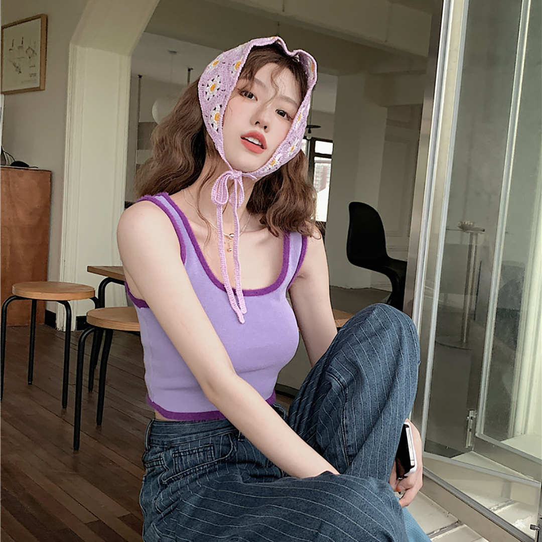 พร้อมส่ง 🎈🧧 Lavender crop top เสื้อกล้ามครอปสีม่วงพาสเทลแต่งขอบเข้ม (IN37277)