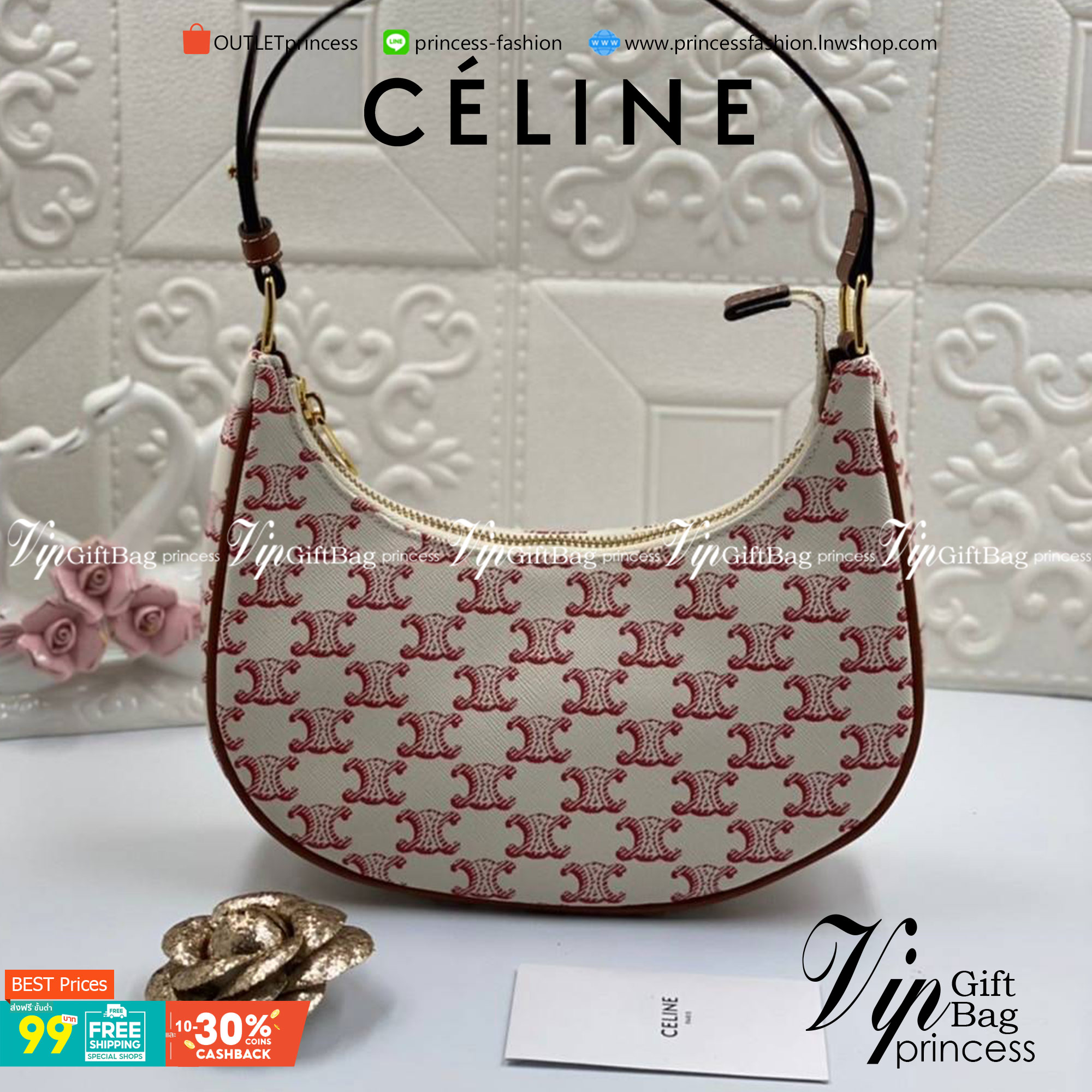 VIP GIFT 】หนังแท้ CELINE AVA BAG IN TRIOMPHE CANVAS AND CALFSKIN :RED กระเป๋าดีไซน์สวยหรูฮิตสุดในเกาหลี! หนังสวยอยู่ทรง เปิดปิดด้วยซิปแบรนด์สีทอง ภายในโล่งกว้างและจุสามารถใส่มือถือ กระเป๋าสตางค์ ของใช้ได้เยอะ สายสะพายหนังปรับได้อะไหล่ทองหรูมีโลโก้แบรนด์ ไ