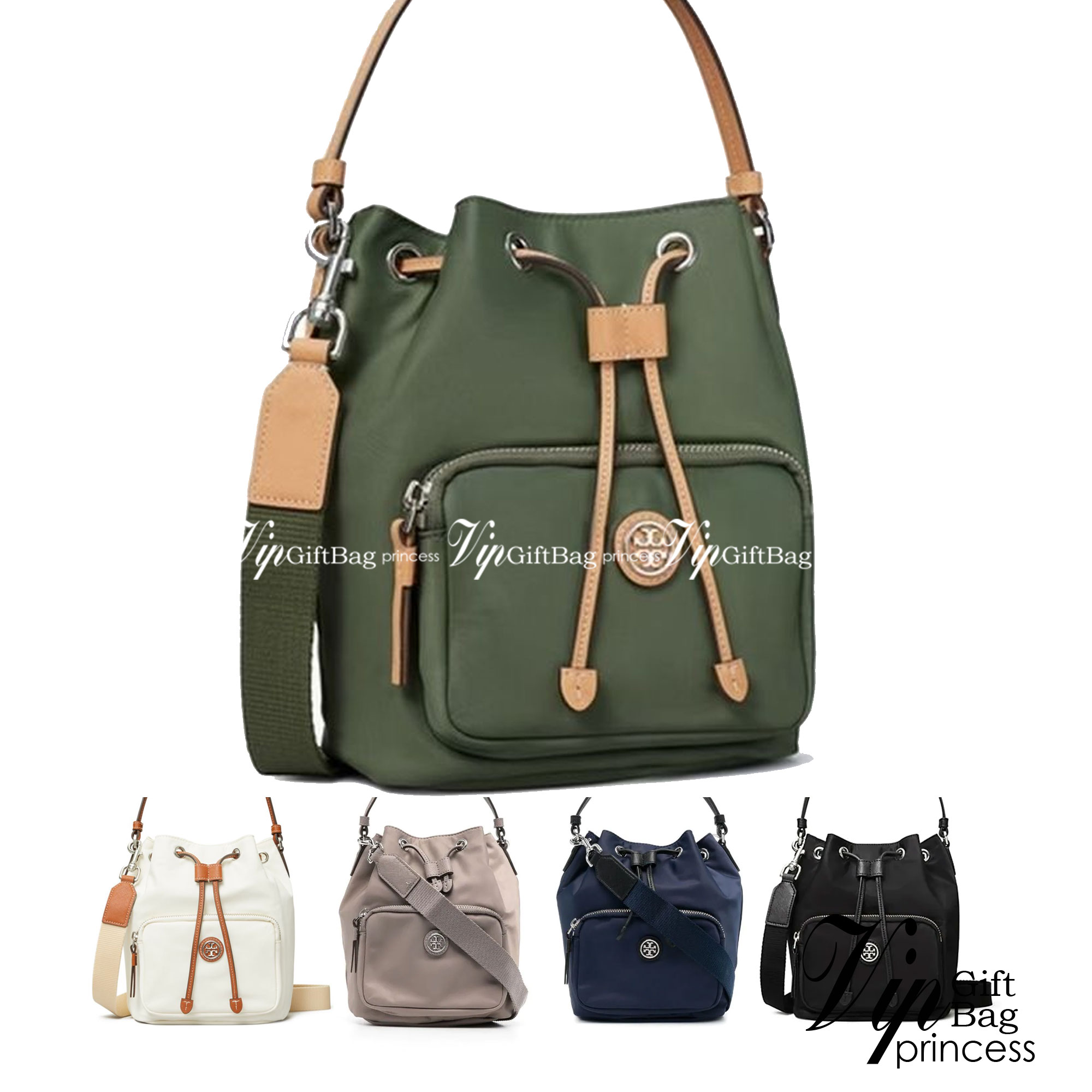 Tory Burch Virginia Nylon Bucket Bag / Tory Burch logo-plaque bucket bag กระเป๋าสะพายทรงบัคเก็ต เปิด-ปิดหนังรูดปากกระเป๋า มีหูหิ้วในตัว คล้องแขนเก๋ๆ ภายในเป็นช่องโล่ง มีช่องย่อย ใส่ของสำคัญจุกจิกได้ มีสายครอส จะสะพายไปไหนก็ได้ทุกโอกาส สวยเลิศทุกสี พร้อมส่