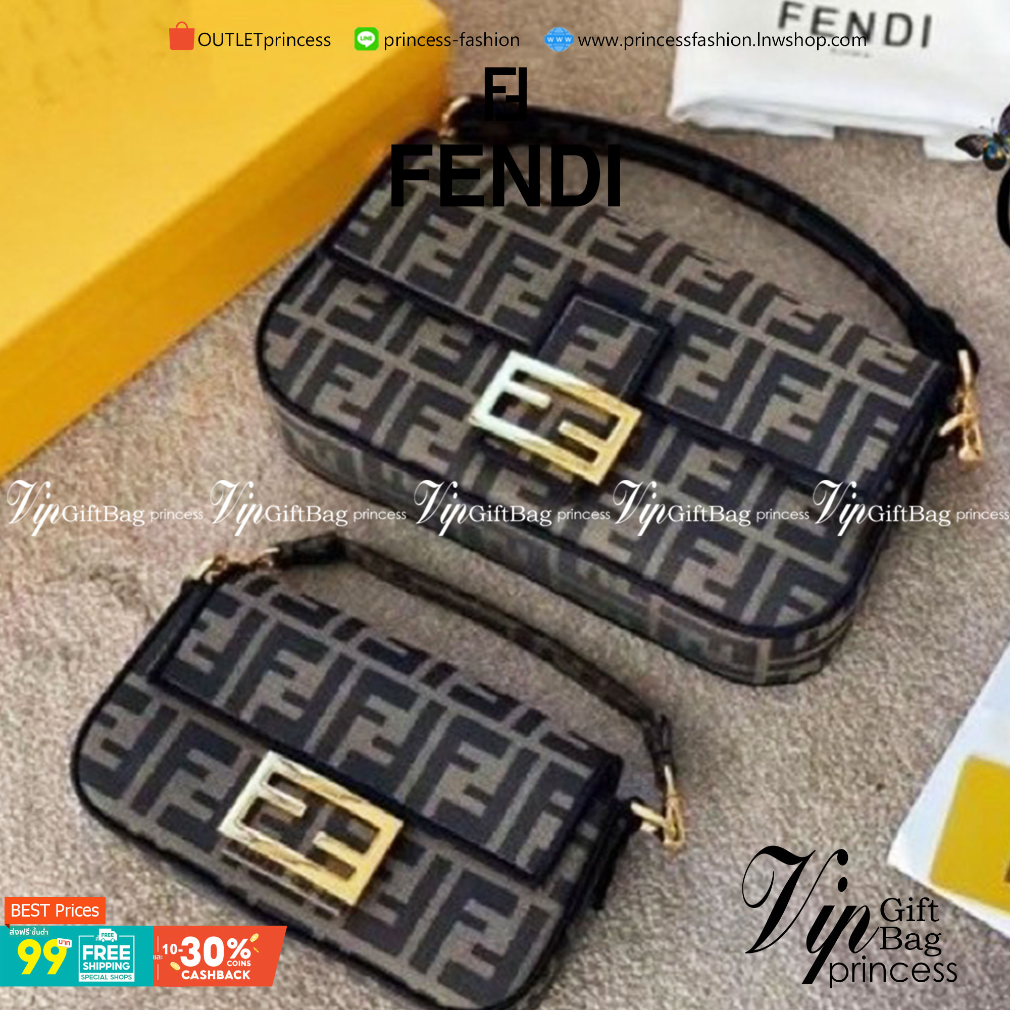VIP 】FENDI VINTAGE BAGUETTE SHOULDER BAG 2size กระเป๋าสะพายทอลายโมโนแกรม อะไหล่ทองหรูหรา มี 2 ขนาด ทนทาน มาพร้อมสาย 2 แบบ สำหรับคล้องแขน และสายครอสบอดี้ เปิด-ปิดด้วยกระดุมแม่เหล็ก ภายในเป็นช่องโล่ง ใส่โทรศัพท์ พร้อมเสิร์ฟความสวยให้ถึงบ้านจ้า วัสดุผ้าทอลาย