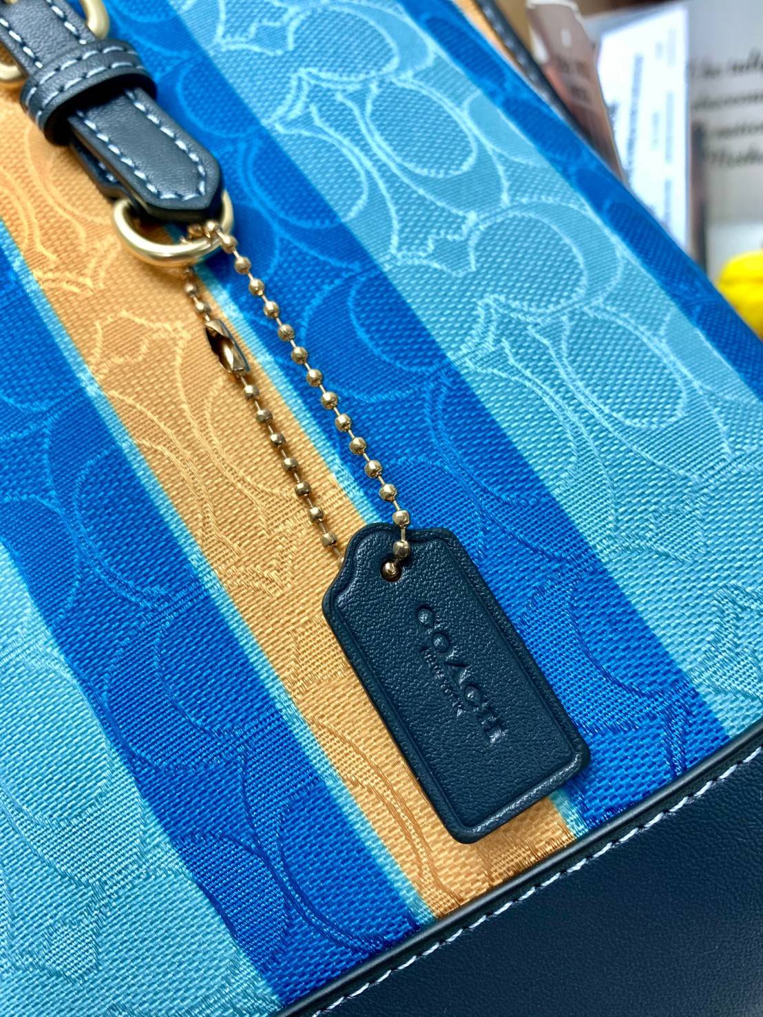 COACH C4086 MOLLIE TOTE 25 IN SIGNATURE JACQUARD WITH STRIPES แจกความสดใสด้วยลุคคัลเลอร์ฟูล กระเป๋าทรงโท้ท มินิไซส์ ตกแต่งลายเอกลักษณ์ถักทออยู่บนผ้า jacquard ตัดกับลายเส้นสีสันสวยงาม ลงตัวไม่ซ้ำใคร ภายในเป็นช่องโล่ง มีช่องซิปกลางใส่ของได้ ขนาดกำลังดีแบบใส