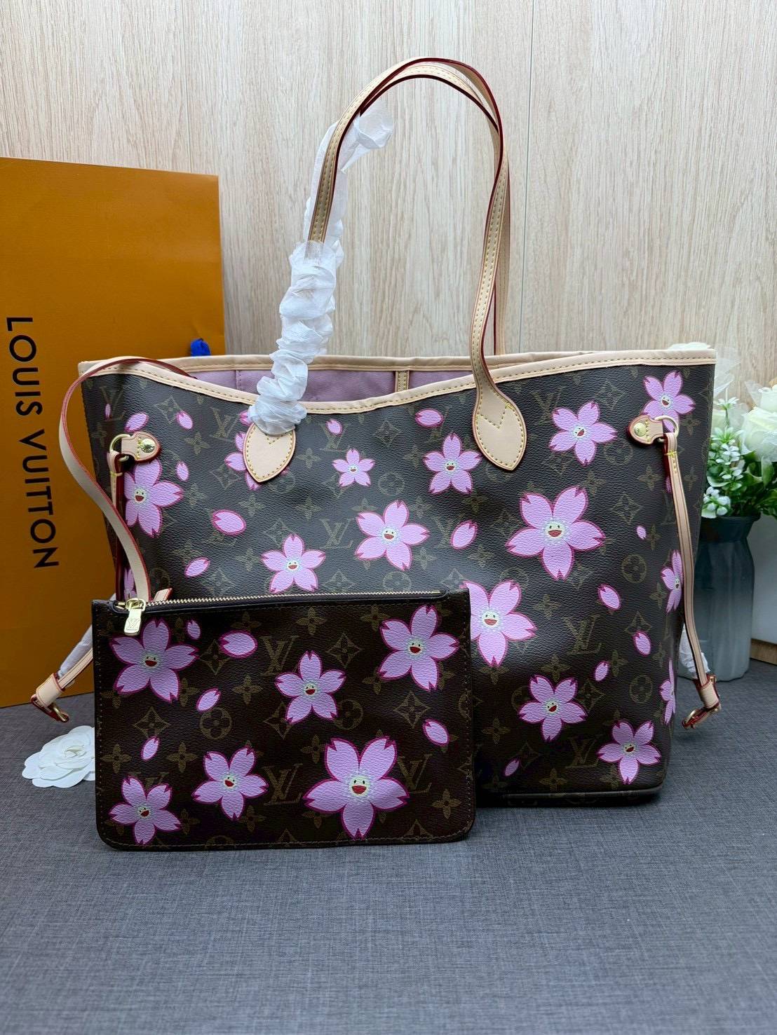 ORI หนังแท้ | LV x TM Neverfull MM Bag Monogram Sakura Brown / LV Tote Bag กระเป๋าสะพายทรงโท้ทใบใหญ่ ลายดอกไม้ซากุระแสนหวาน