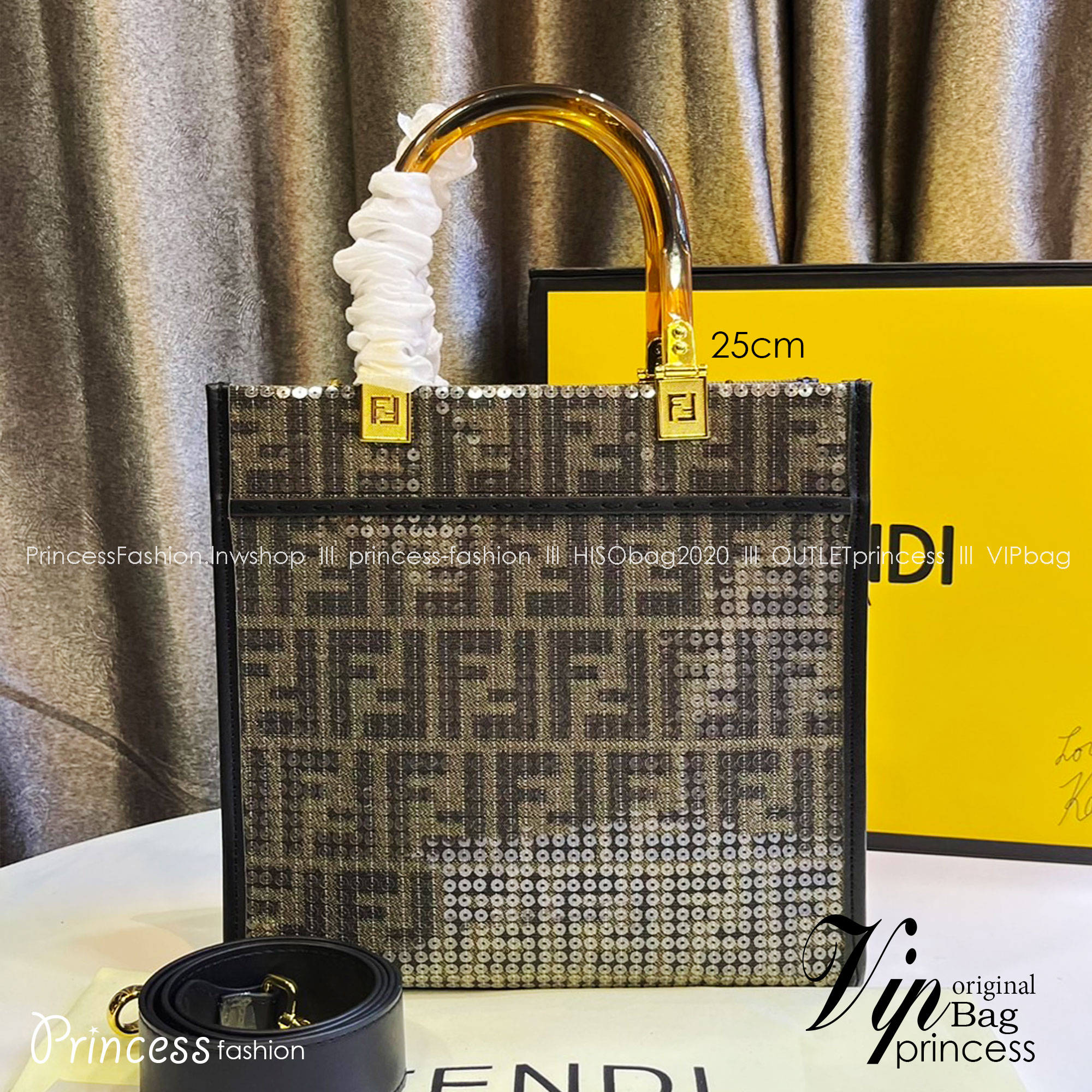FENDI Sunshine jacquard FF sequins shopper / Fendi Tote bag 25cm พร้อมส่ง กระเป๋าสะพายทรงโท้ท ปักเลื่อมแวววาว รุ่นใหม่ สวยหรู **สินค้าเกรดออริจินอล 1:1 สลับแท้