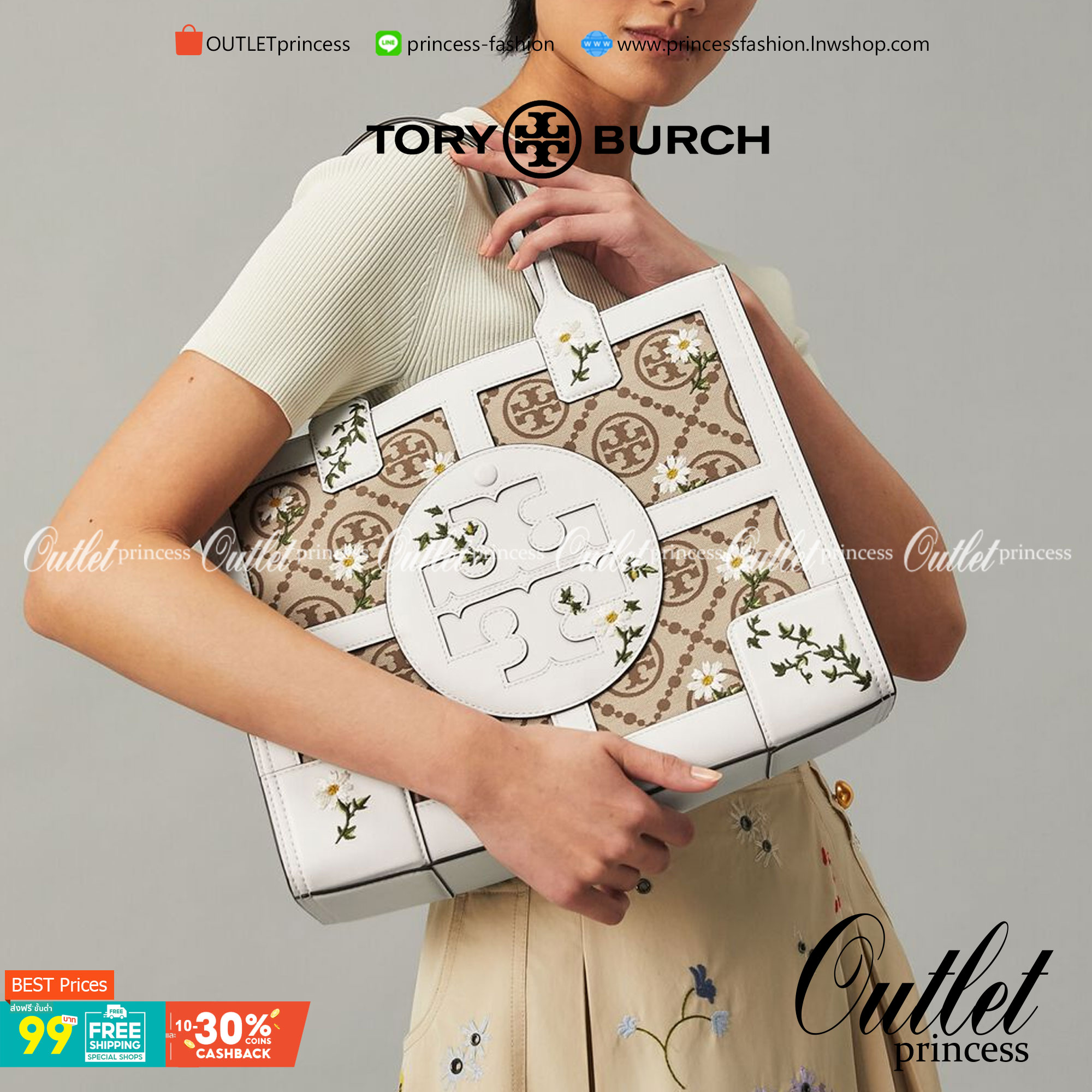 Tory Burch ella jacquard embroidered quadrant tote ลายโมโนแกรม (Monogram) (Material : Woven jacquard leather) ดีไซต์ลำ้เอกลักษณ์ที่โดดเด่น เป็นอีกหนึ่งรุ่นที่ Tory ฺBurch ภูมิใจนำเสนอ ใบใหญ่ค่ะ จุของได้เยอะ ใส่ A4 ได้ งานสวย ตั้งอยู่ทรง จุดเด่นของรุ่นนี้ค