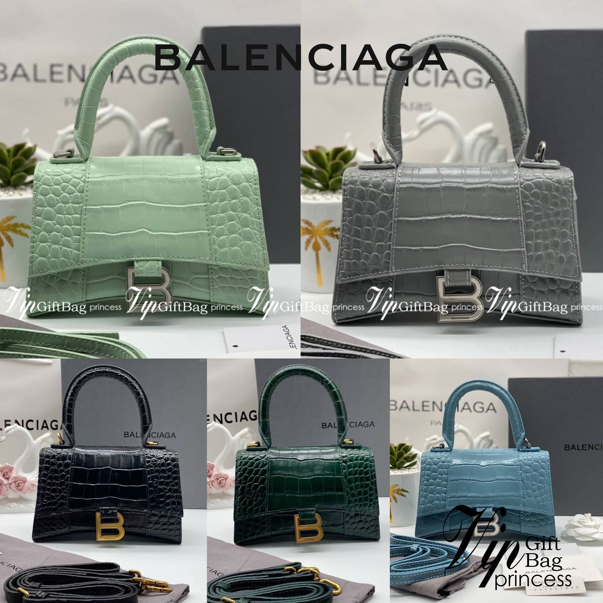 หนังแท้ BALENCIAGA HOURGLASS TOP HANDLE XS Shiny crocodile embossed calfskin การสร้างสรรค์ที่มีเอกลักษณ์เฉพาะตัว หรูหรา โทนสีโดดเด่น วัสดุหนังแท้ลายจระเข้ ภายในโล่งกว้างหนังแนปป้าอย่างดี เกรดออริจินอล ตอบโจทย์ได้ทุกลุค ทุกไลฟ์สไตล์ ภาพสินค้าถ่ายจากงานขายจ