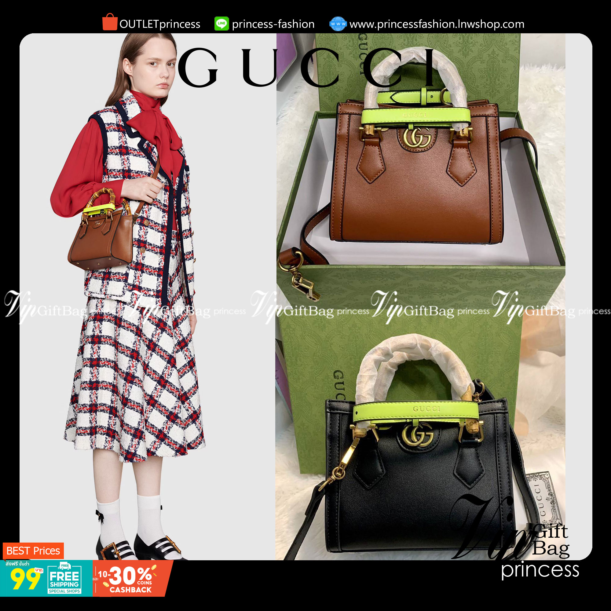 กระเป๋า GUCCI สไตล์งานหูไม้ไผ่ Size mimi รุ่น Gucci Diana Bag กระเป๋าสุดคลาสสิกดีไซน์มาใหม่พร้อมเข็ดขัดหนังสีสะท้อนแสงประดับตรงหูกระเป๋า กระเป๋าทรง tote วัสดุหนังแท้ (calfskin) อะไหล่ทอง ขนาดกำลังดี งานสวยตั้งอยู่ทรง มีสายสะพายยาว 1เส้น สามารถปรับระดับได้