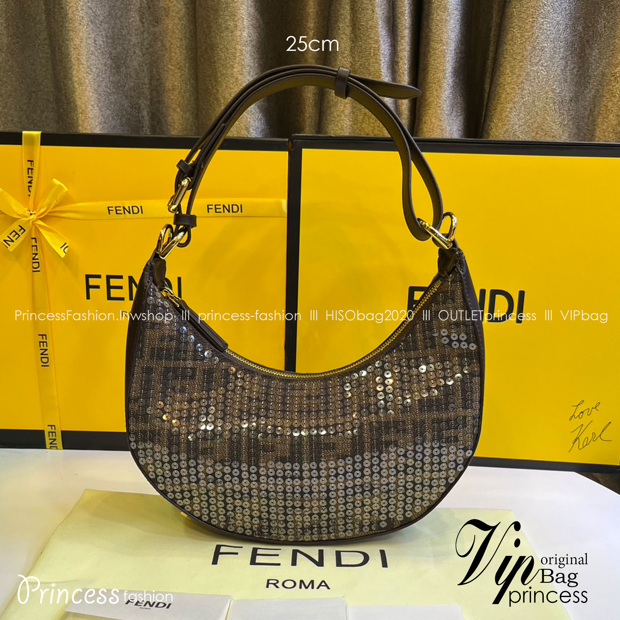 FENDI Fendigraphy Hobo Bag Brown fabric charm / Fendi hobo bag พร้อมส่ง กระเป๋าสะพายไหล่เฟนดิปักเลื่อมรุ่นใหม่ สวยหรู **สินค้าเกรดออริจินอล 1:1 สลับแท้