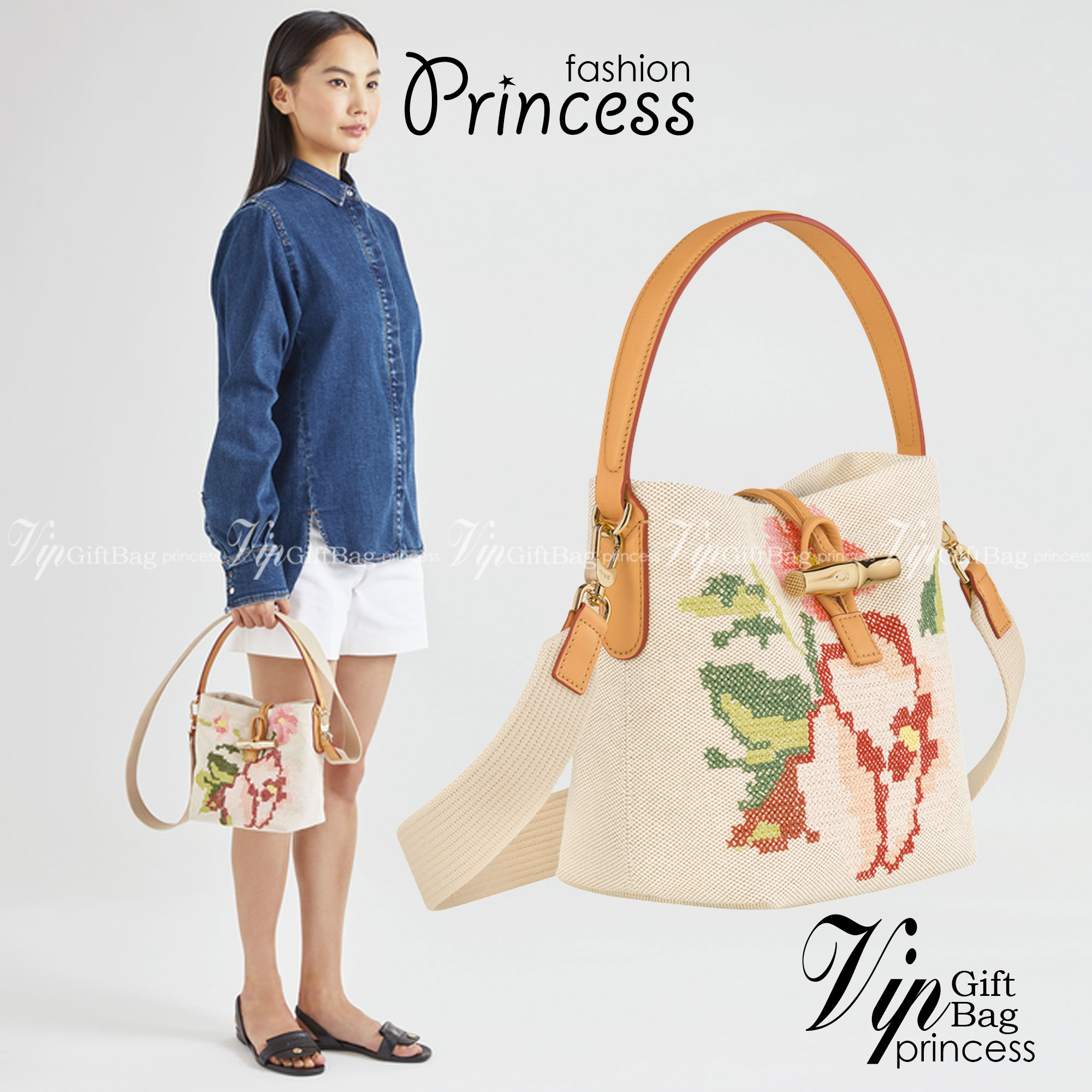 LONGCHAMP ROSEAU ESSENTIAL FLEURS Bucket bag S - กระเป๋าทรงถังขนาดเล็ก วัสดุผ้าฝ้าย ลายปักษ์ดอกกุหลาบ Roseau เป็นคอลเล็คชั่นที่สดใสและเรียบง่าย ซับในสีพื้น อะไหล่สีทอง น้ำหนักเบา จุของได้เยอะ มีสายสะพายไล่ ถอดสายได้ Crossbody ได้